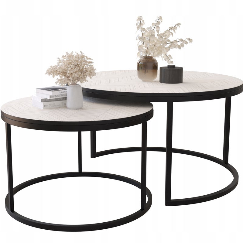 Zestaw 2 Stolików Kawowych Okrągłe LOFTOWE INDUSTRIAL Biały Czarny JODEŁKA