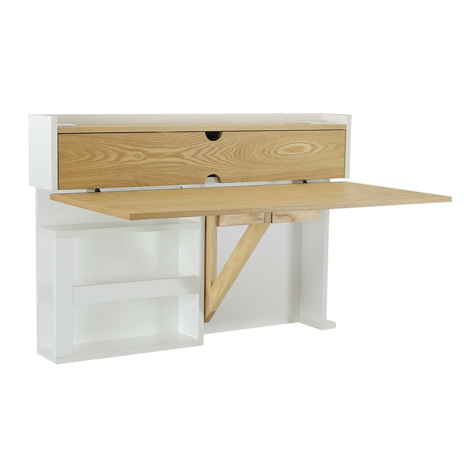 Bureau mural rabattable chêne et blanc 100cm - avec passe câbles - 2