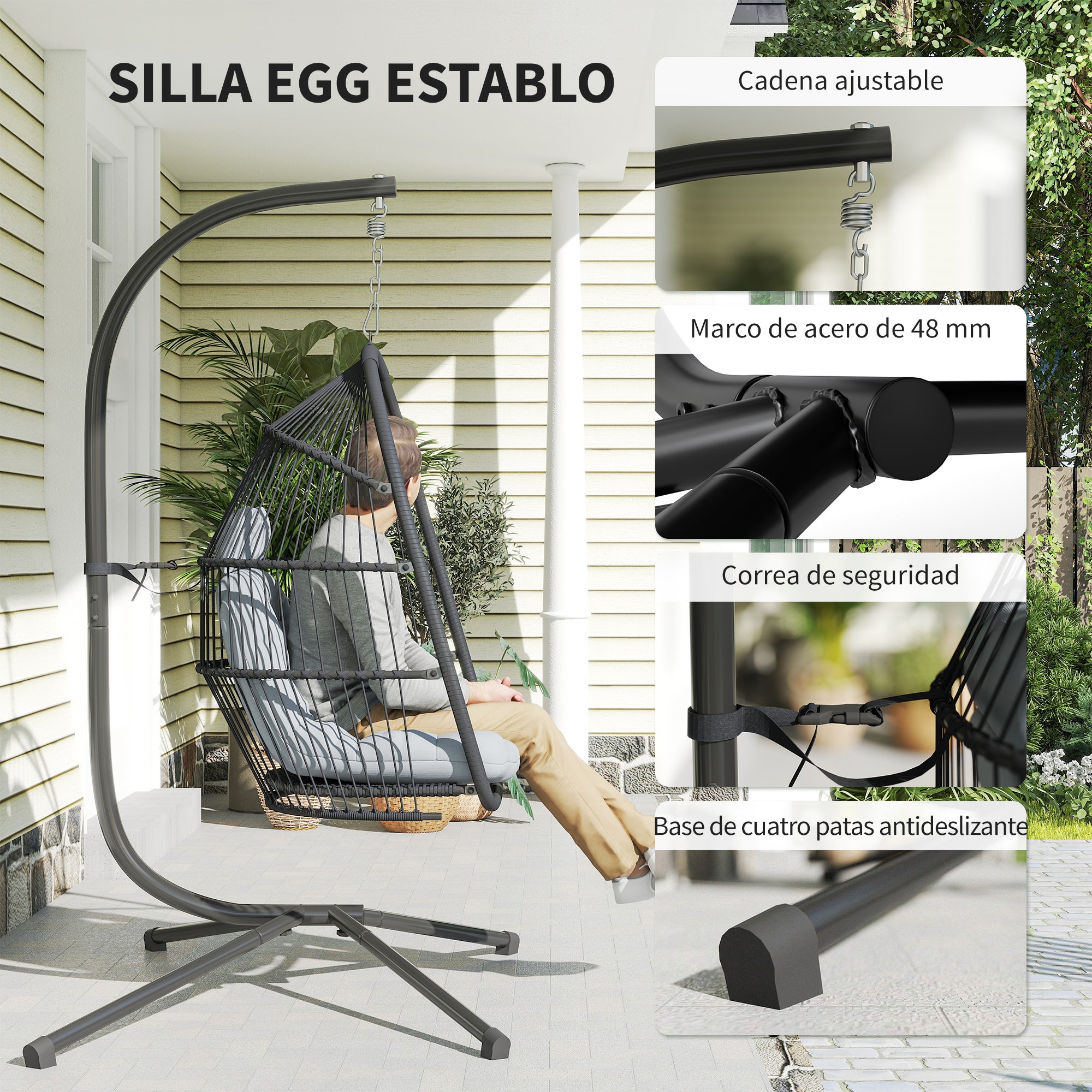 Cadeira Suspensa Outsunny Aço, PE Cinzento Escuro 107x100x196 cm - 7