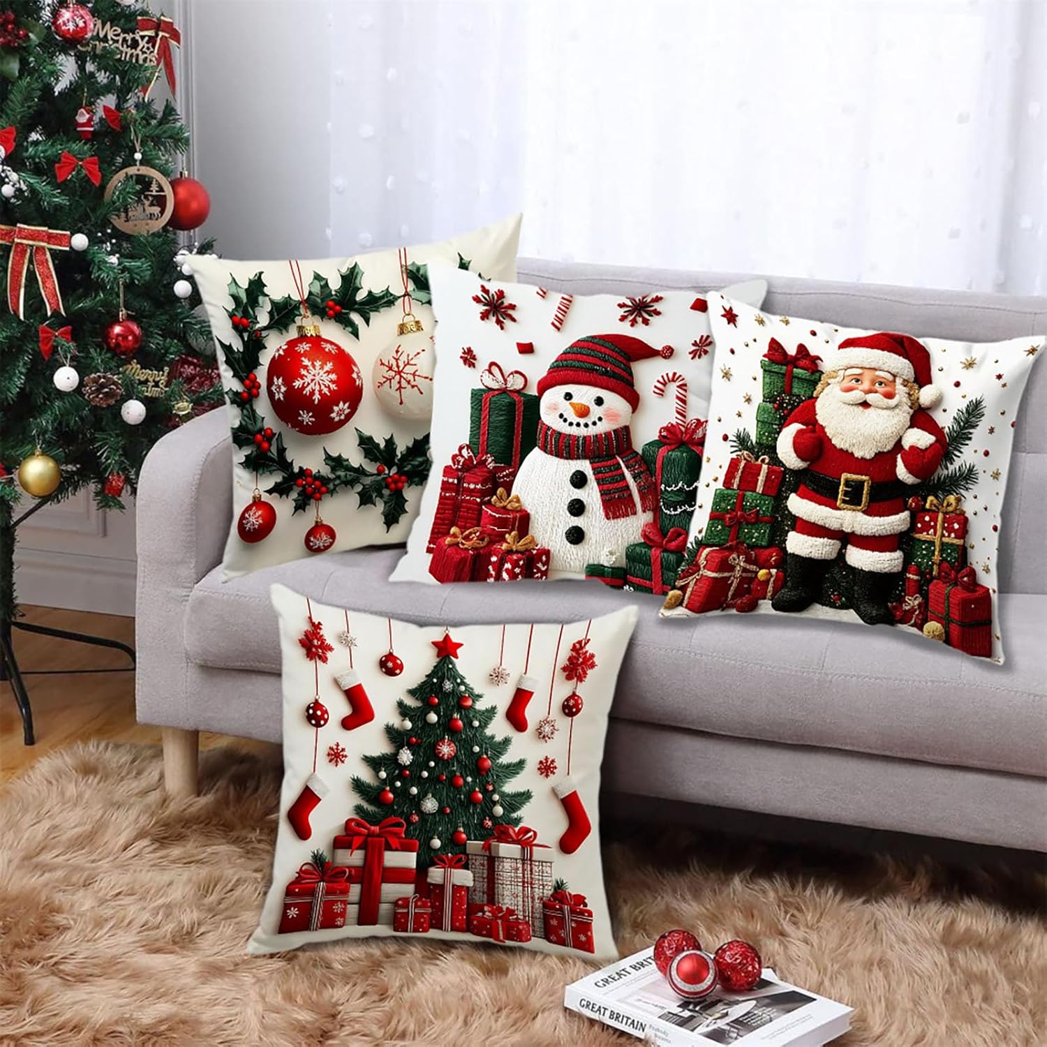 Housse de Coussin Noël 45 x 45cm, Lot de 4 Housse Coussin Noel Sapin, Lin Décoratif Taie d'oreiller de Noel d’Hiver, pour Canapé Salon Chambre Chaise - 2