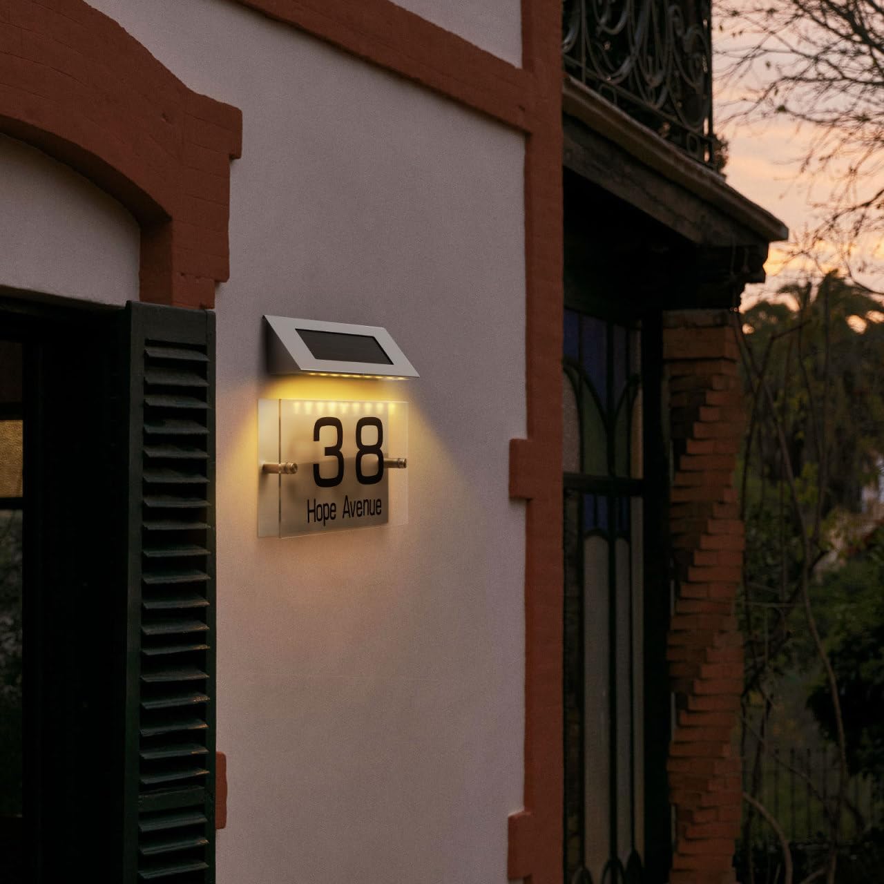 Targa per porta solare con 18 luci a LED, acciaio inossidabile, luce bianca e luce calda, targa per porta decorativa per la casa - 5