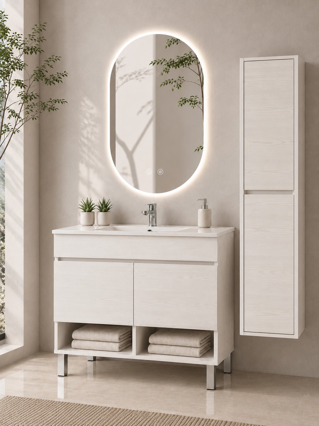 Mobilier de baie cu picioare cu lavoar ORIGENBATH NEBARI cu picioare și uși cu coloană 100x40 cm alb nordic cu coloană