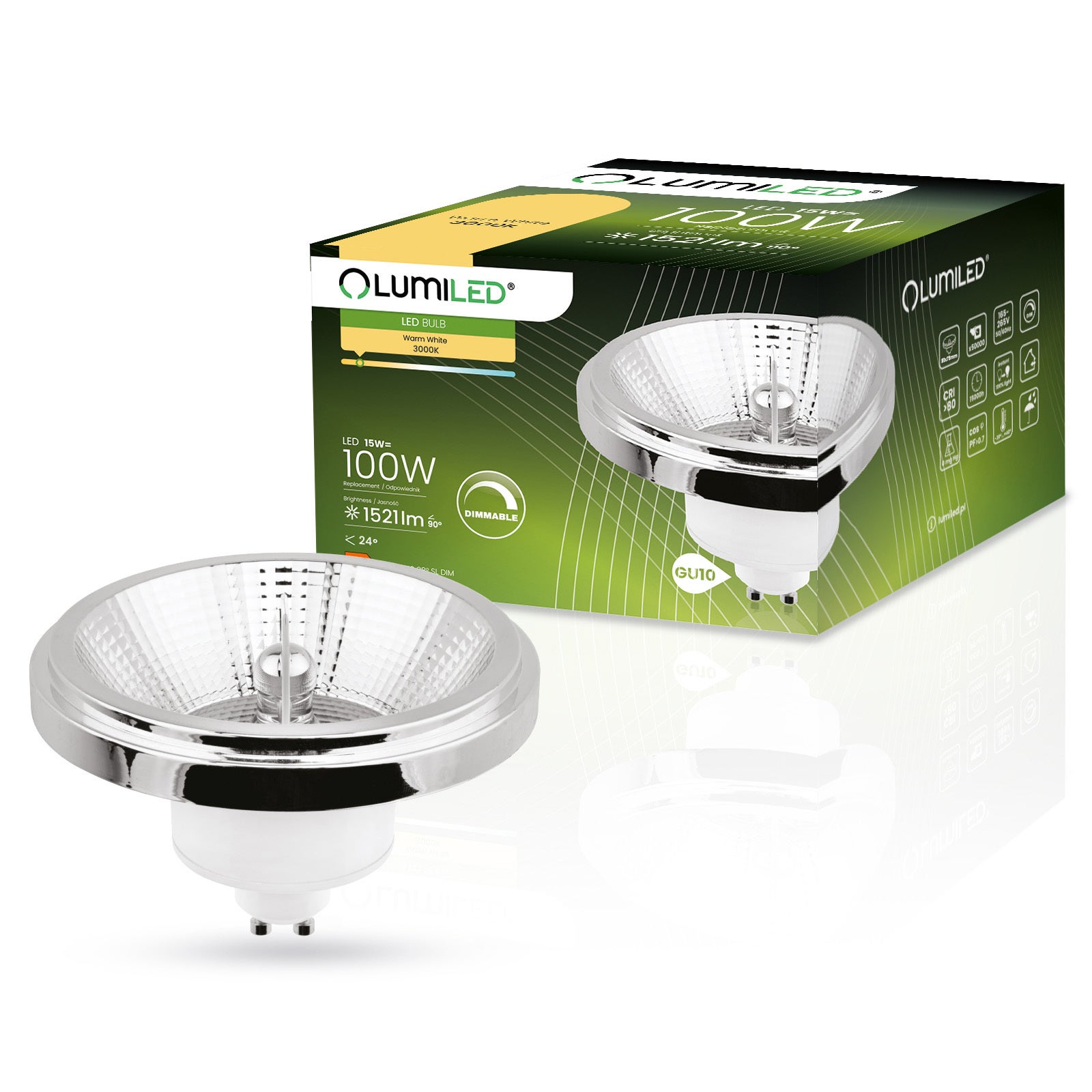 Żarówka LED Lumiled GU10 Reflektor ES111 15W 1521lm 3000K Ciepła biel 24st Ściemnialna Srebrna 1 szt.