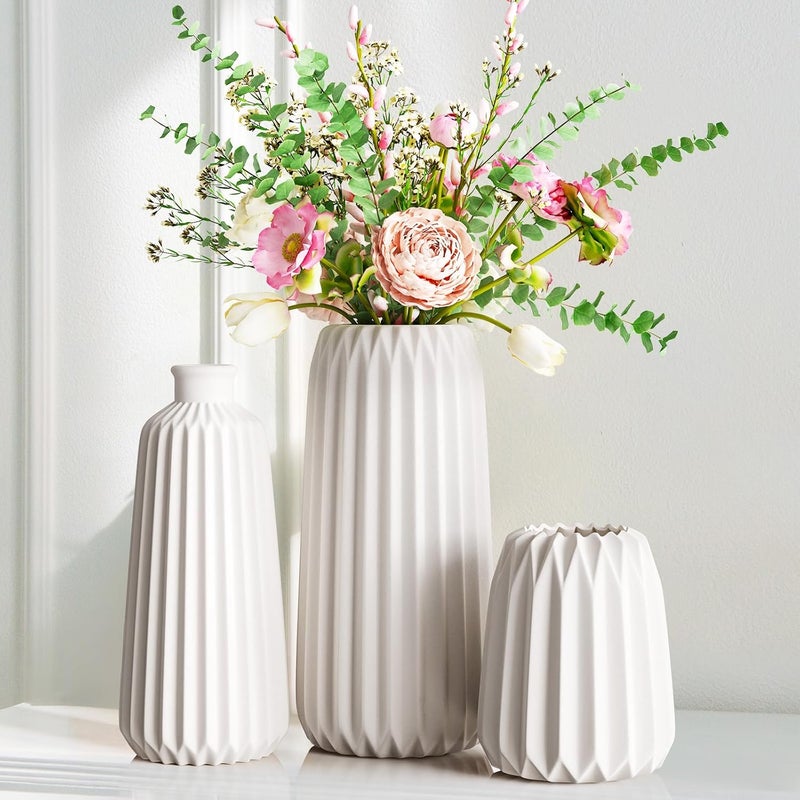 Dekoracyjny biały żebrowany wazon ceramiczny (3 sztuki) – ozdoba centralna, wystrój domu, styl nordycki (dł.: wys. 20 cm)