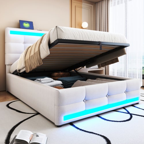 Lit coffre rembourré 90x200 tête de lit avec espace de rangement et ports USB et Type-C éclairage LED à la tête et au pied du lit lin beige