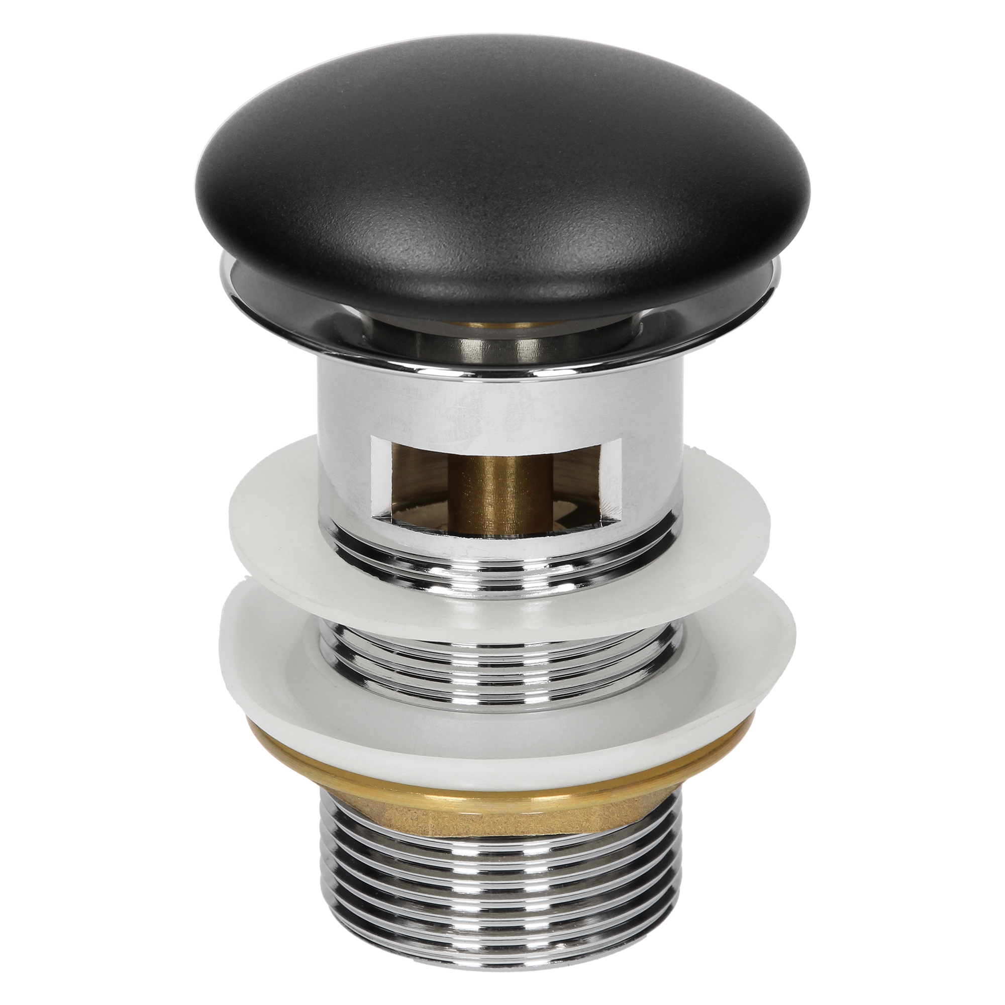 ML-Design Universal Drain Set for Washbasin &amp; Vanity with Overflow, Ceramic Lid Black Stainless Steel, 1 1/4 Inch, Pop Up Valve, Drain Valve Drain