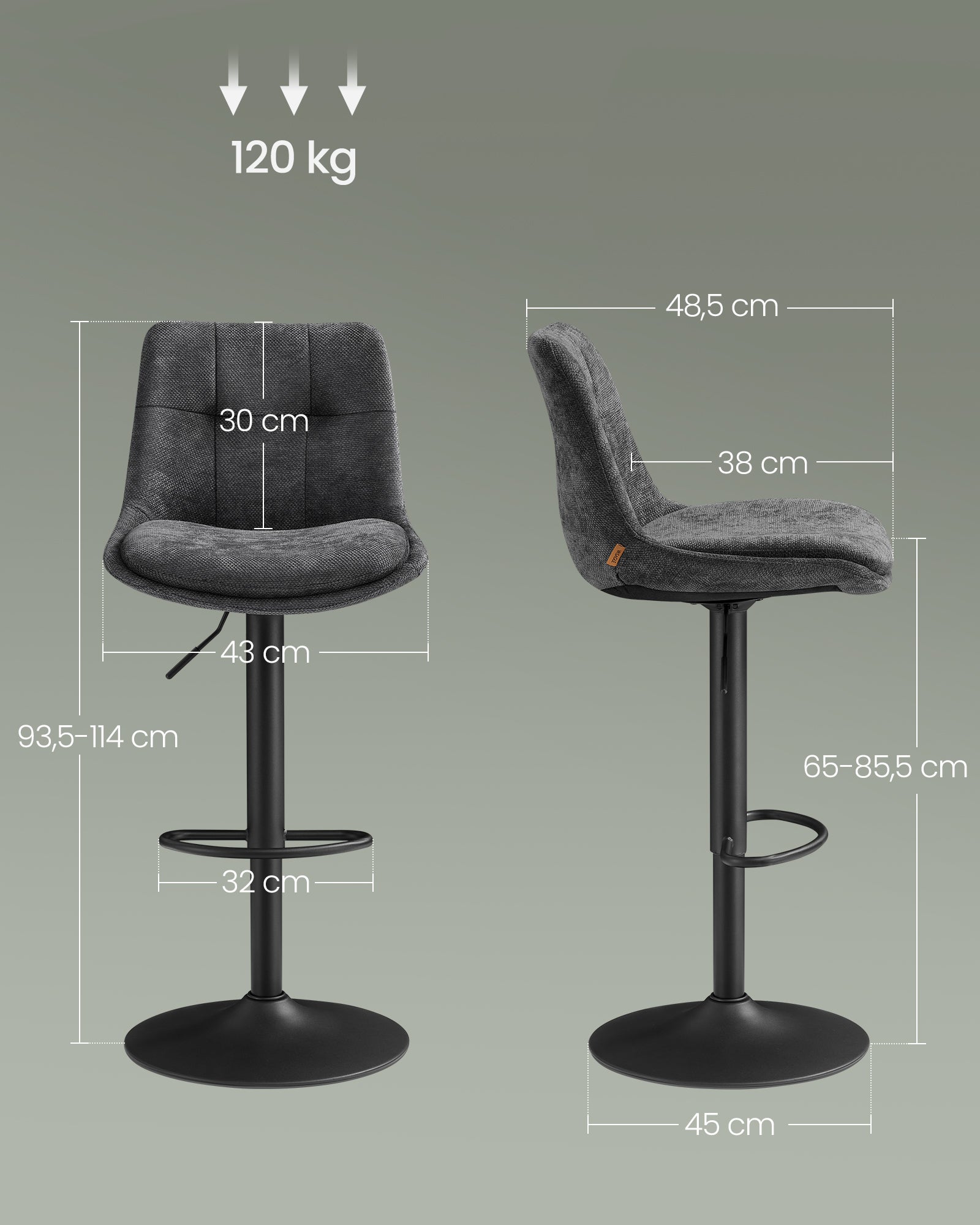 Tabourets de Bar, Lot de 2, Siège Pivotant à Hauteur Réglable, avec Dossier et Repose-Pieds, Salle à Manger, Comptoir, Acier, Gris Ardoise - 5