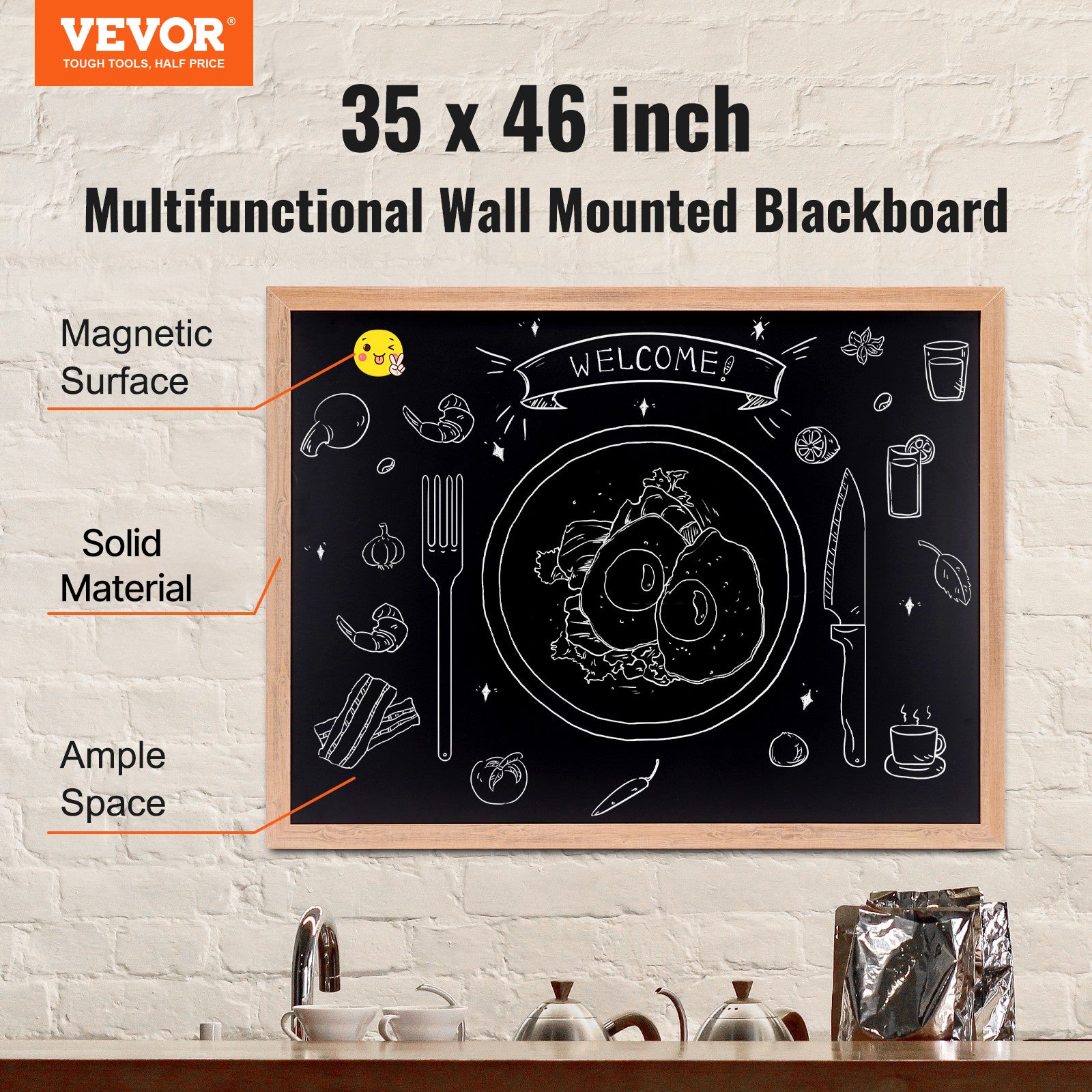 Tableau Noir Magnetique VEVOR 89x117 cm Tableau a Craie Noir avec Cadre en Bois Montage Mural 4 Marqueurs 1 Effaceur Tableau d’Affichage pour Idees Ph - 2