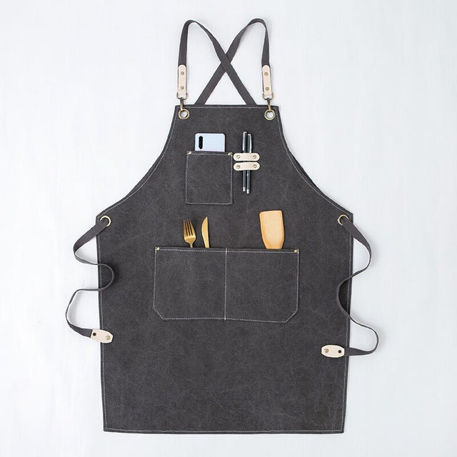 Grembiule da lavoro uomo donna grembiule da cucina tela regolabile con tasche officina barbecue fornaio falegname tatuatore barbiere pittore Grigio