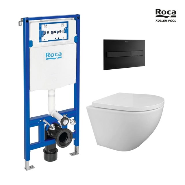 BÂTI SUPPORT ROCA DUPLO PACK RÉSERVOIR ENCASTRABLE ET PLAQUE PL7 DOUBLE NOIR AVEC WC SUSPENDU ROUND SMART Blanc Tornade 3.0 par KP