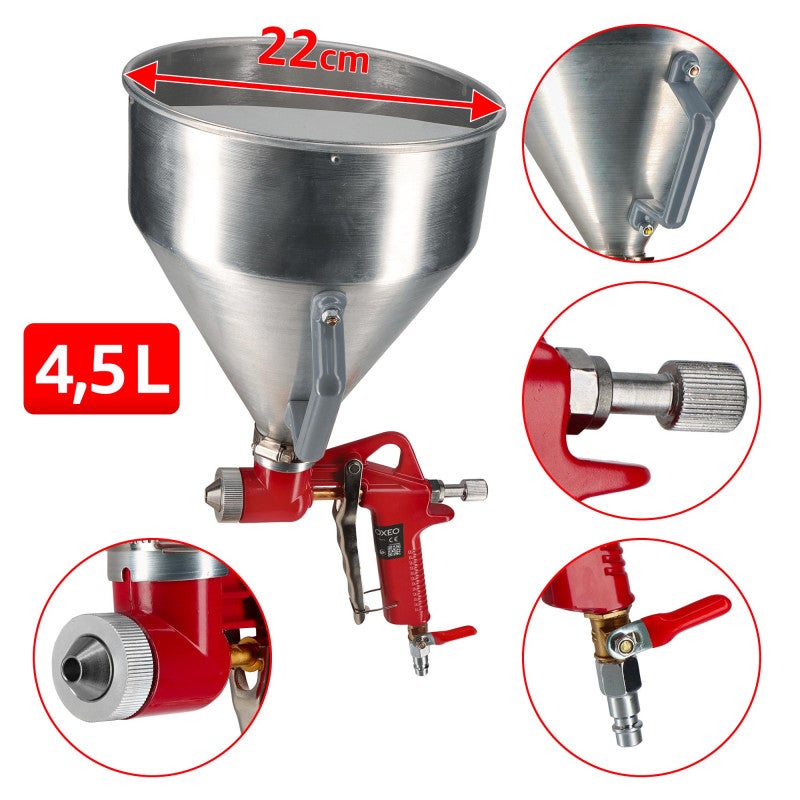 Pistolet à crépir pneumatique godet metal 4,5l + 3 buses - Crépi intérieur et extérieur enduit de finition - 2