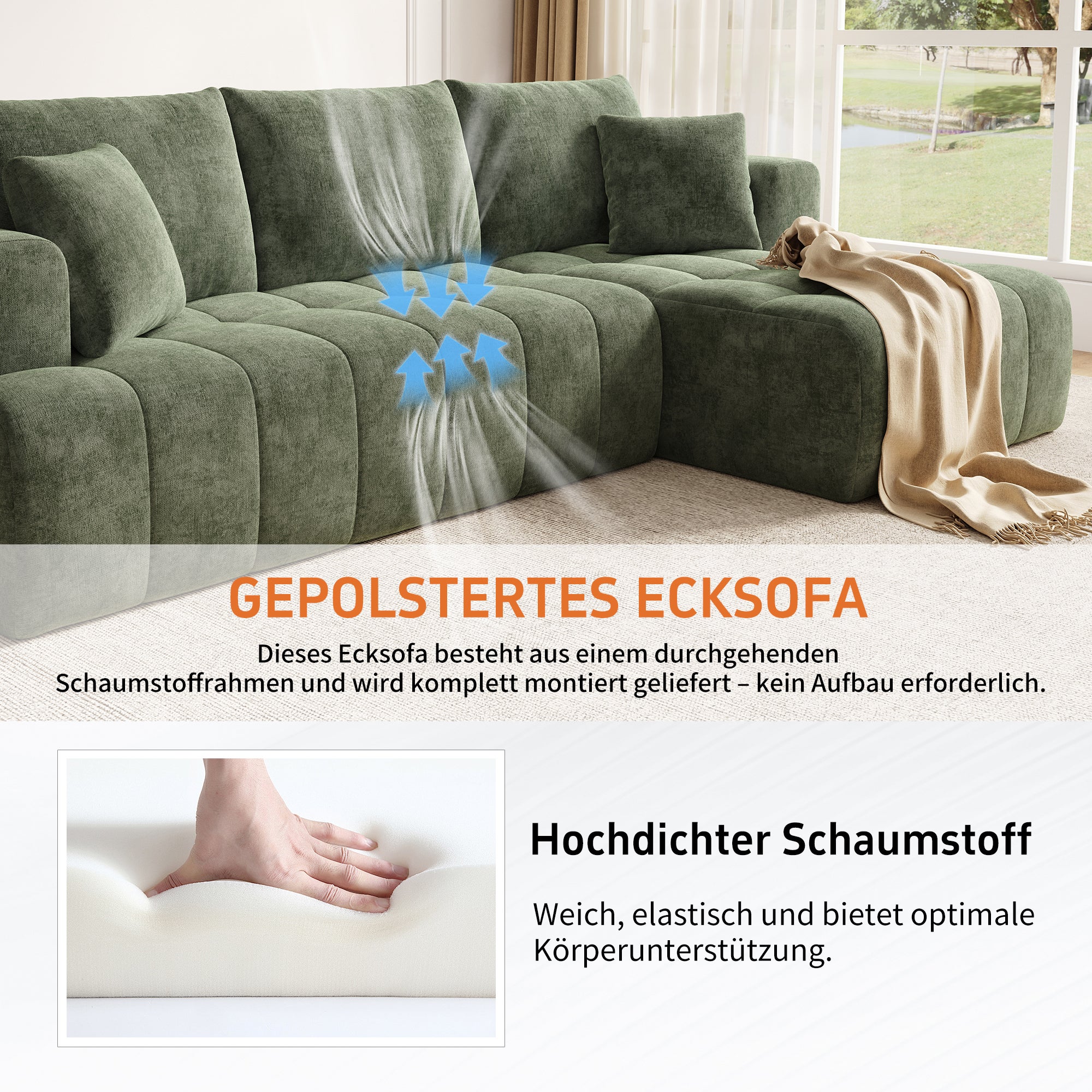 Canapé d'angle modulaire en L 244.5x136x79cm, canapé nuage, tissu chenille confortable, combinable librement,sans montage, vert - 6