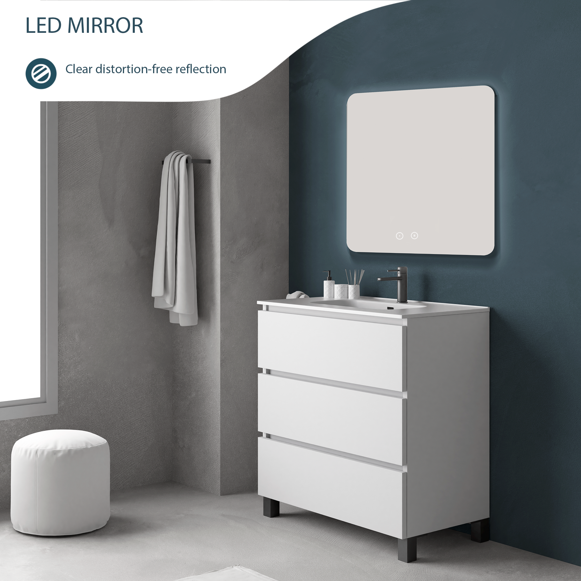 Feel Your Bath, Miroir de Salle de Bain Carré avec Lumière LED Réglable 80x80cm, avec Interrupteur Tactile, Antibuée et Arrêt Automatique - 2