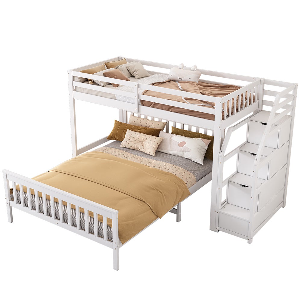 Lit Superposé 90/140x200 Cm Lit Enfant 2 Places Avec Grille Antichute Contrastee Avec Echelle Inclinee A Quatre Niveaux Et Tiroirs Pin Mdf Blanc Naturel 90x200cm 140x200cm 84341665