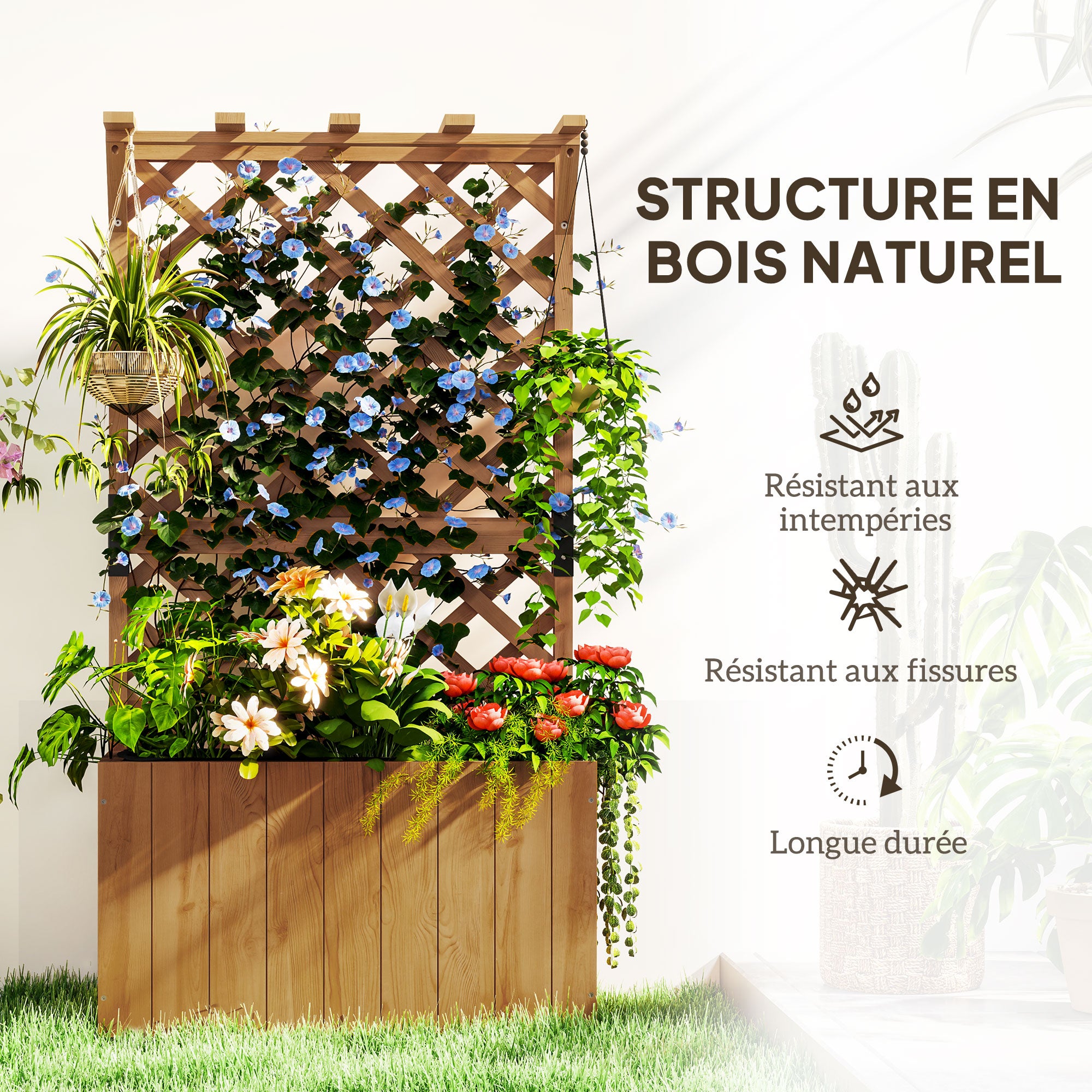 Jardinière avec treillis - Outsunny - trous de drainage et doublure - bois massif - 64 x 33 x 122 cm - bois naturel - 6