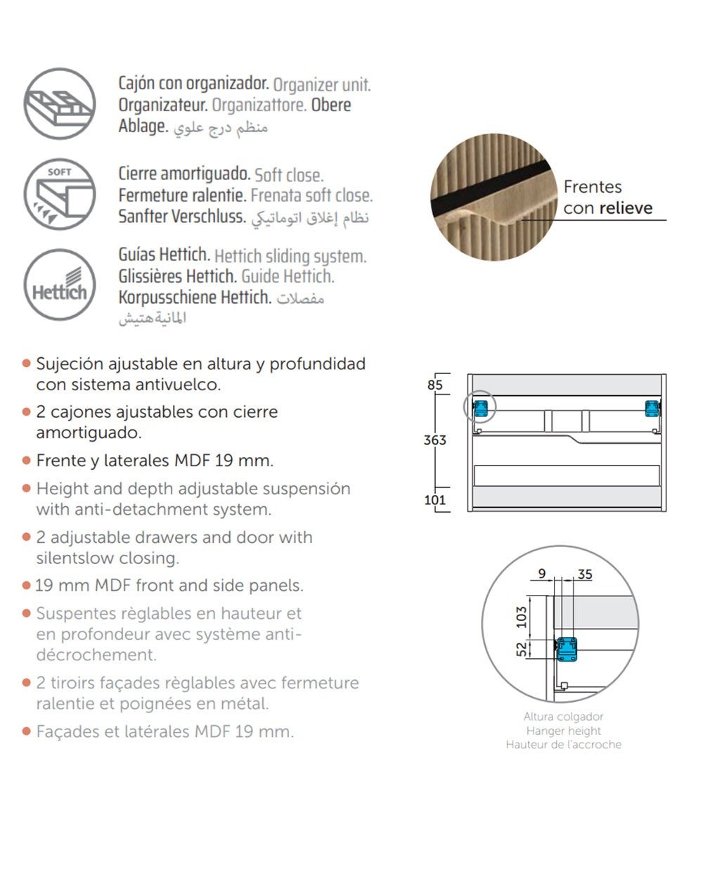Mobili da bagno a muro con lavandino in ceramica | 2 cassetti con chiusura imbottita e organizzatore | 80 cm Bianco opaco - 6