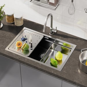 Cecipa MAX Évier Cuisine 1 Bac 70×44×21CM Évier à Encastrer Inox Brossé avec Egouttoir et Vasque