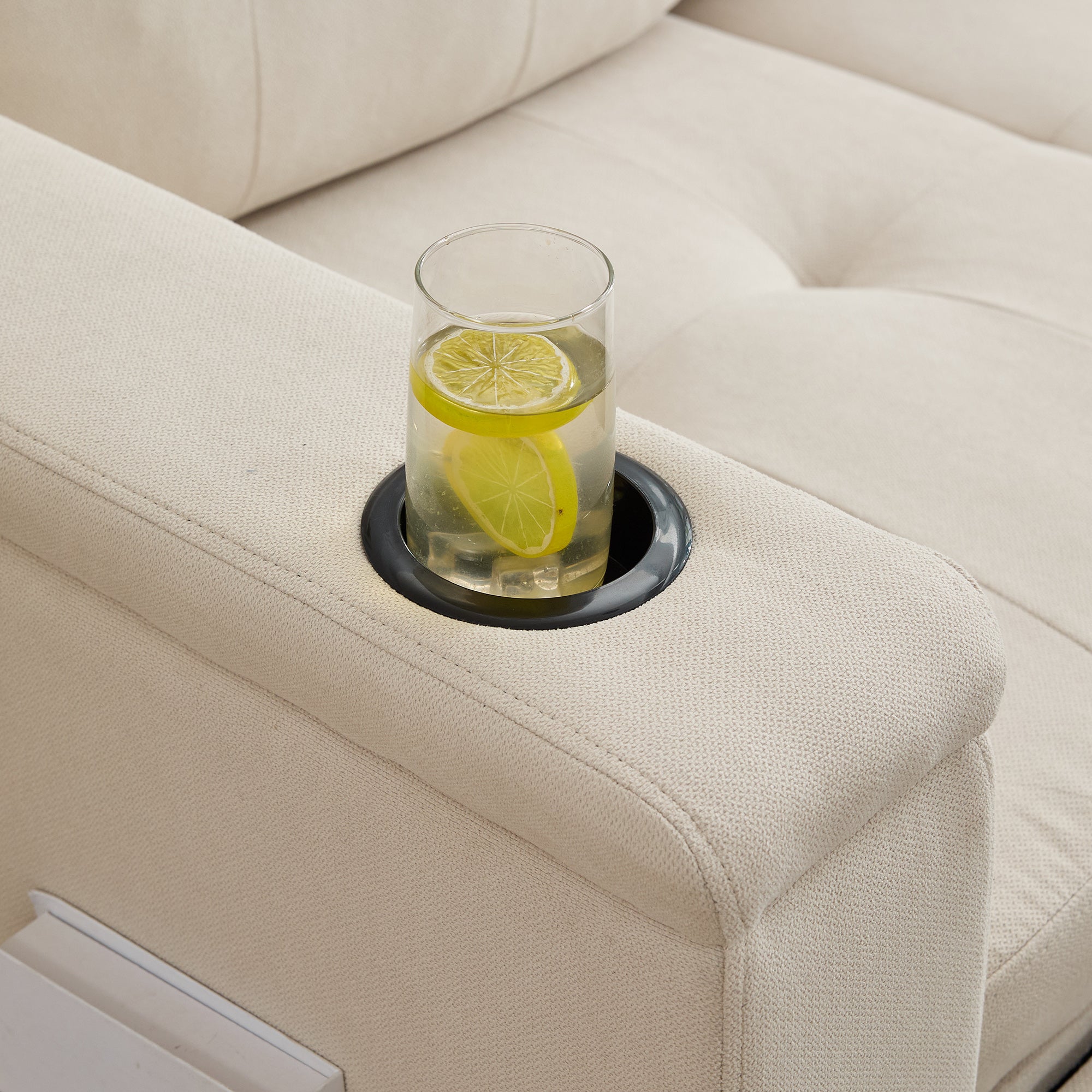 Sofa narożna 3-osobowa z funkcją spania - 208 x 146 x 89,5 cm - Diody LED i gniazdo ładowania - Wyściółka z włókniny i pianki - Beżowa - 4