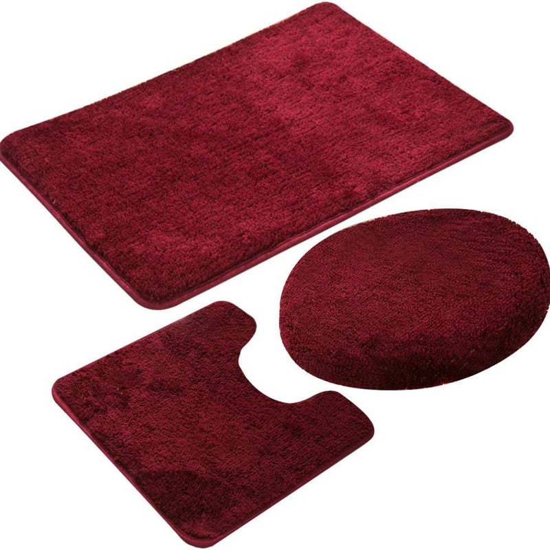 Zestaw 3 dywaników łazienkowych, antypoślizgowych, szybkoschnących, miękkich, wygodnych i chłonnych (czerwony kolor wina)