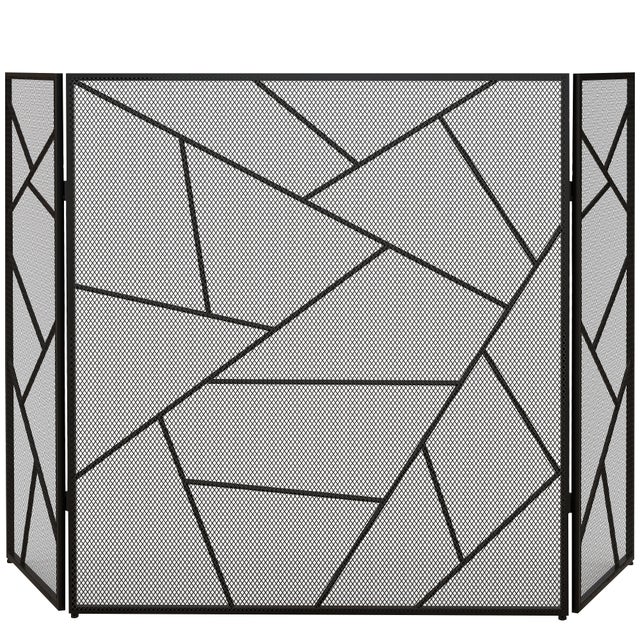 Pare feu cheminée pliable 3 panneaux HOMCOM en acier avec décor géométrique et pieds antidérapants, 135l x 1,2P x 85H cm, noir