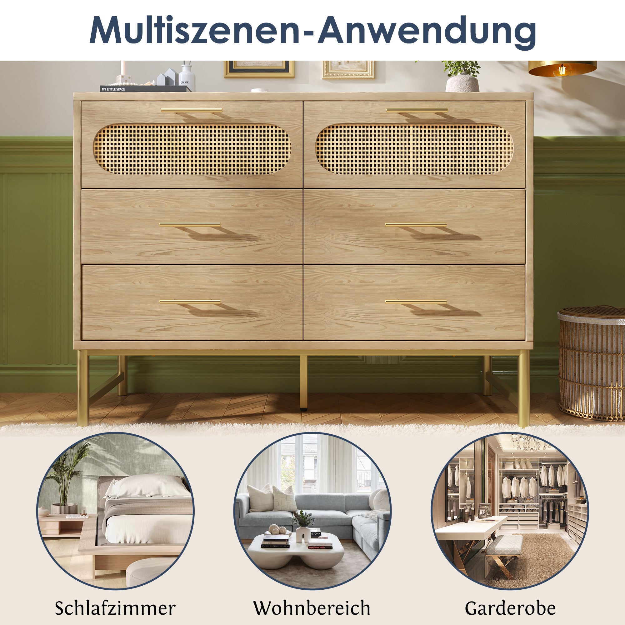Cassettiera in rattan con 6 cassetti, per soggiorno e camera da letto, maniglie in metallo, antiribaltamento, 120 x 40 x 74 cm, rovere Sonoma - 5