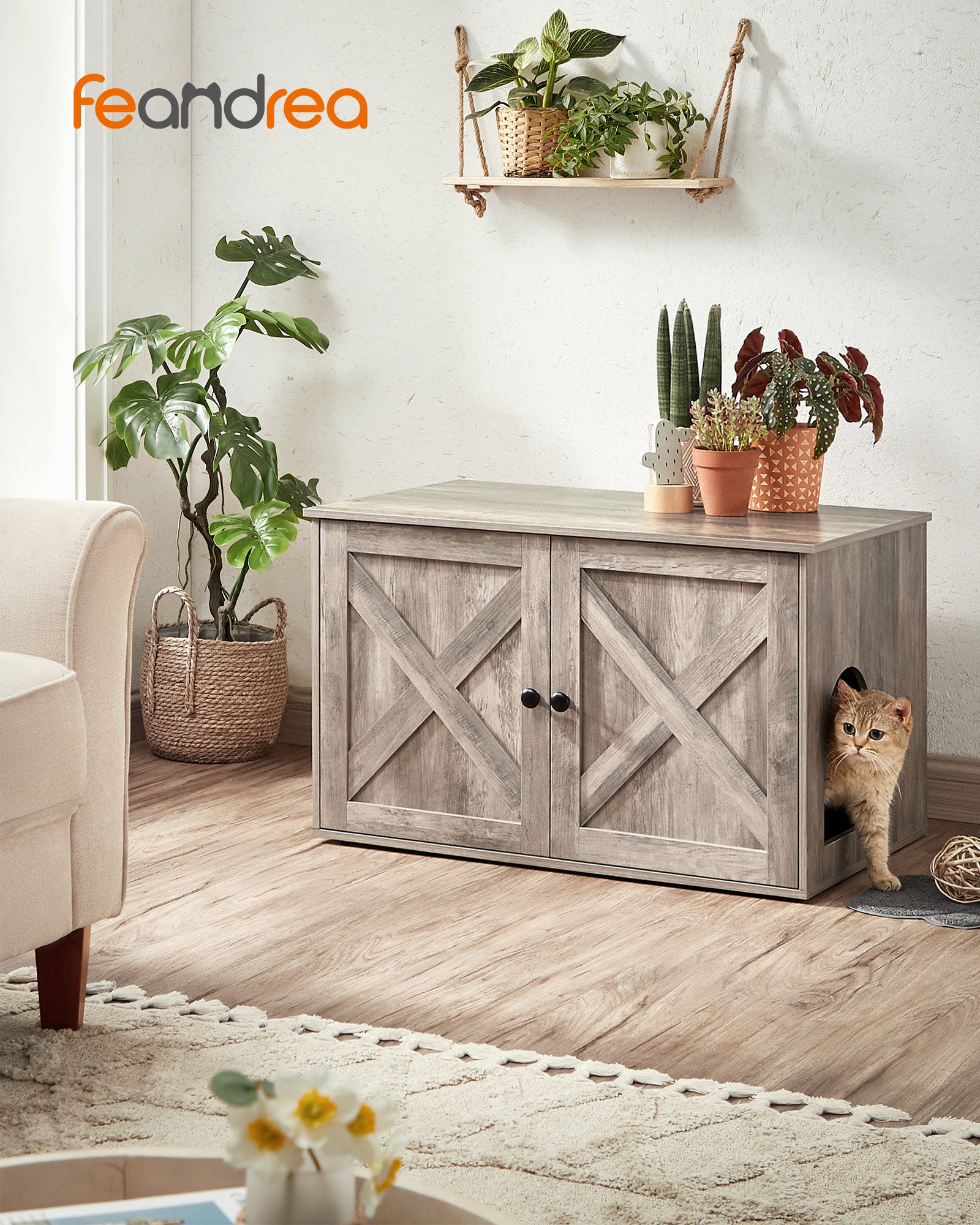 Maison de Toilette Chat, Meuble Litière Chat, avec Séparateur Amovible, Cache-litière pour Chat, Table, 80 x 53 x 50 cm, Grège - 2