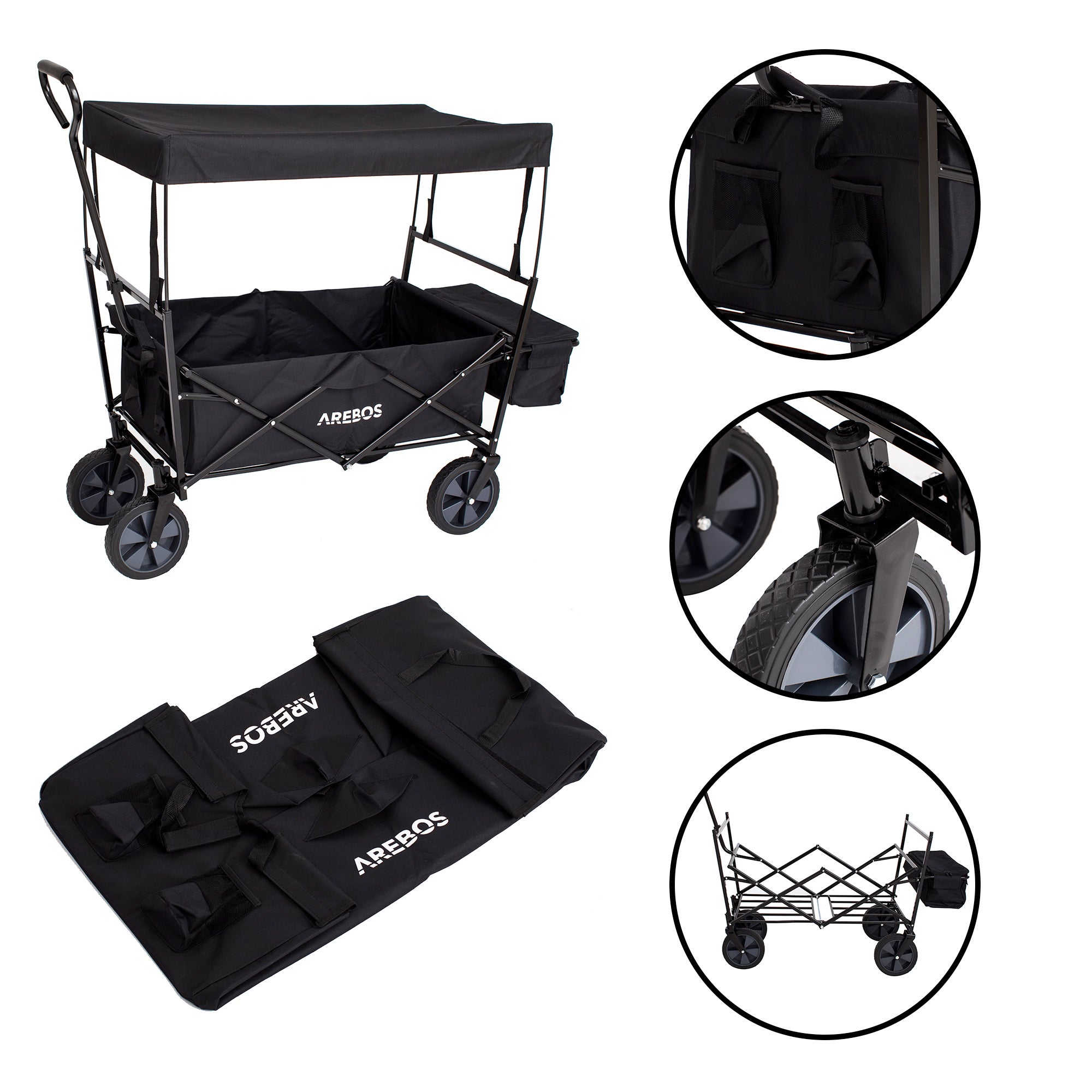 AREBOS Chariot de transport pliable avec toit UV, sac XXL, roues 360°, capacité 70 kg – idéal pour excursions, plage, jardin et loisirs - 7