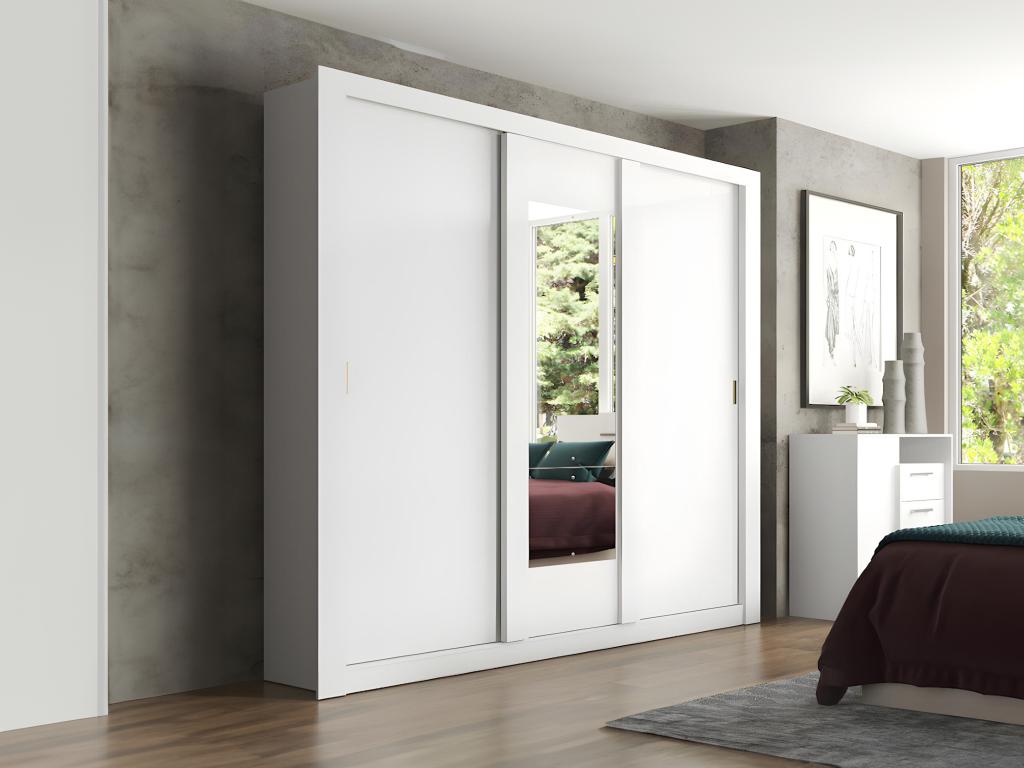 Armoire avec miroir ROXANE 3 portes coulissantes L. 220 cm Blanc