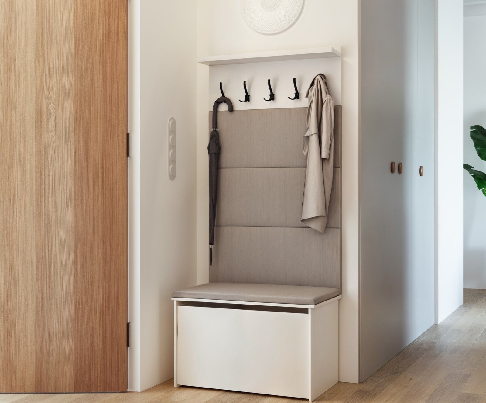 Szafka na Buty z Siedziskiem w Kolorze Białym, Tapicerowane Panele Szare i Wieszak Ścienny – 5 Haczykow, 4 Panele z Rzepami, 192x73x40 cm