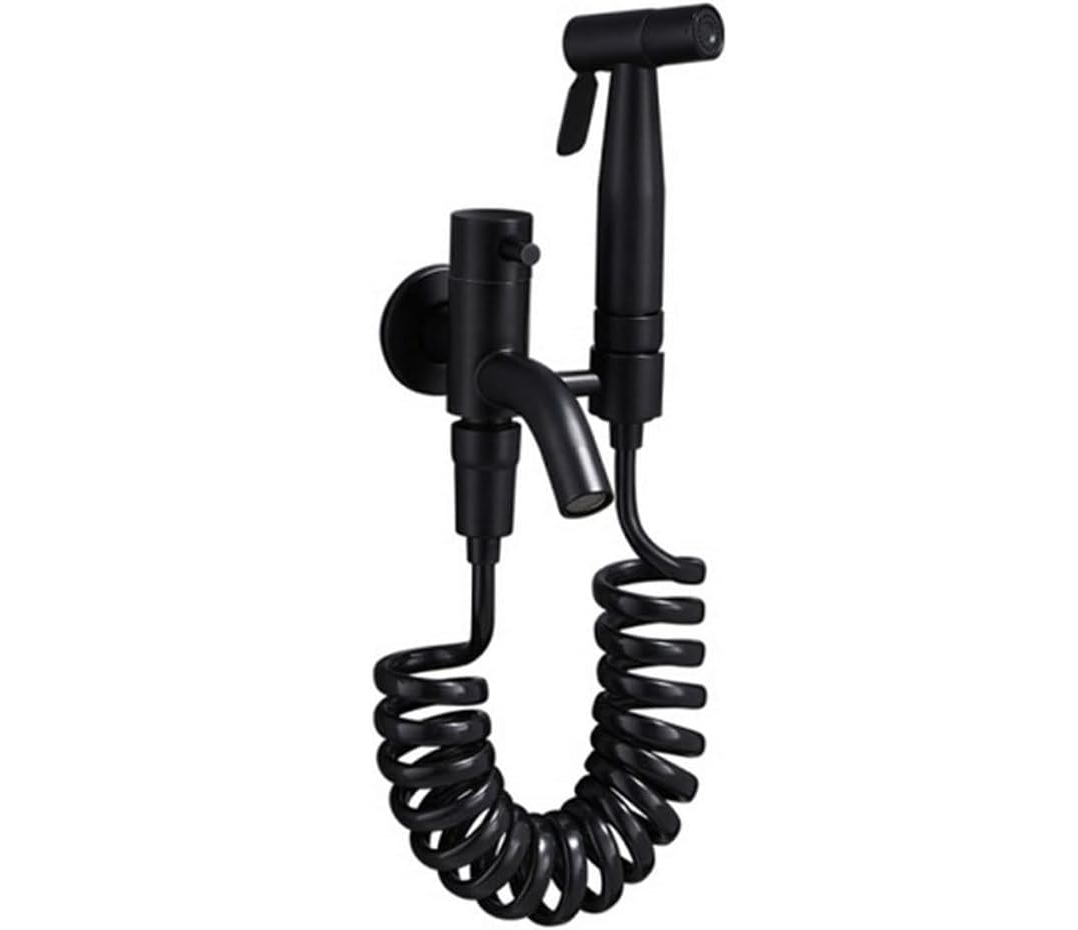 Bateria umywalkowa balkonowa, w całości miedziana, z wyciąganą wylewką, wąż elastyczny 5 metrów - 1 zestaw, czarny