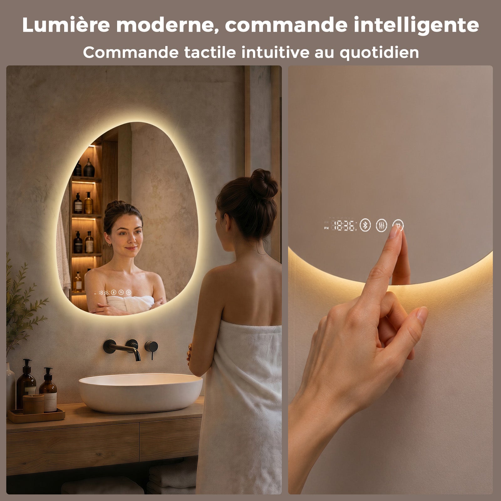 S'AFIELINA Miroir de Salle de Bain avec Éclairage Asymétrique 85 x 50 cm, 3 Couleurs de Lumière Réglables, Antibuée, Bluetooth, Horloge, Température - 2