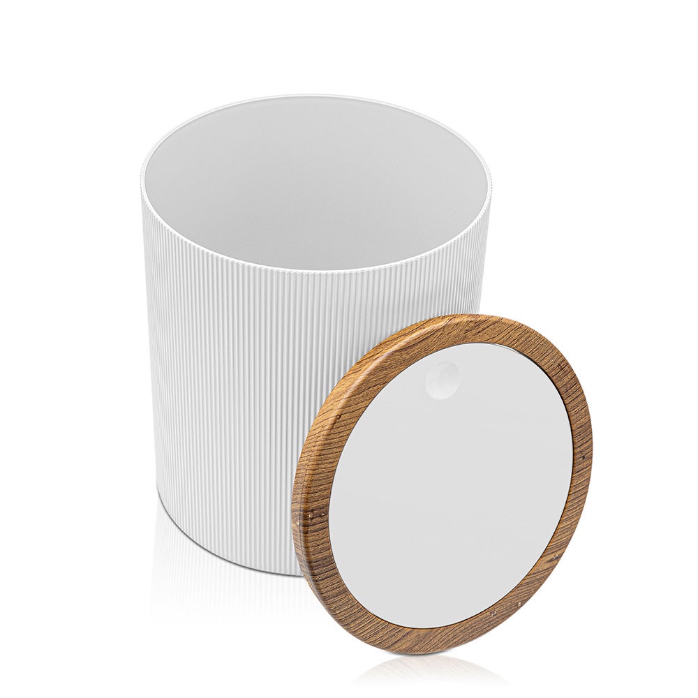 Poubelle 5lt Blanc couvercle basculant détails effet bois Blob - 5
