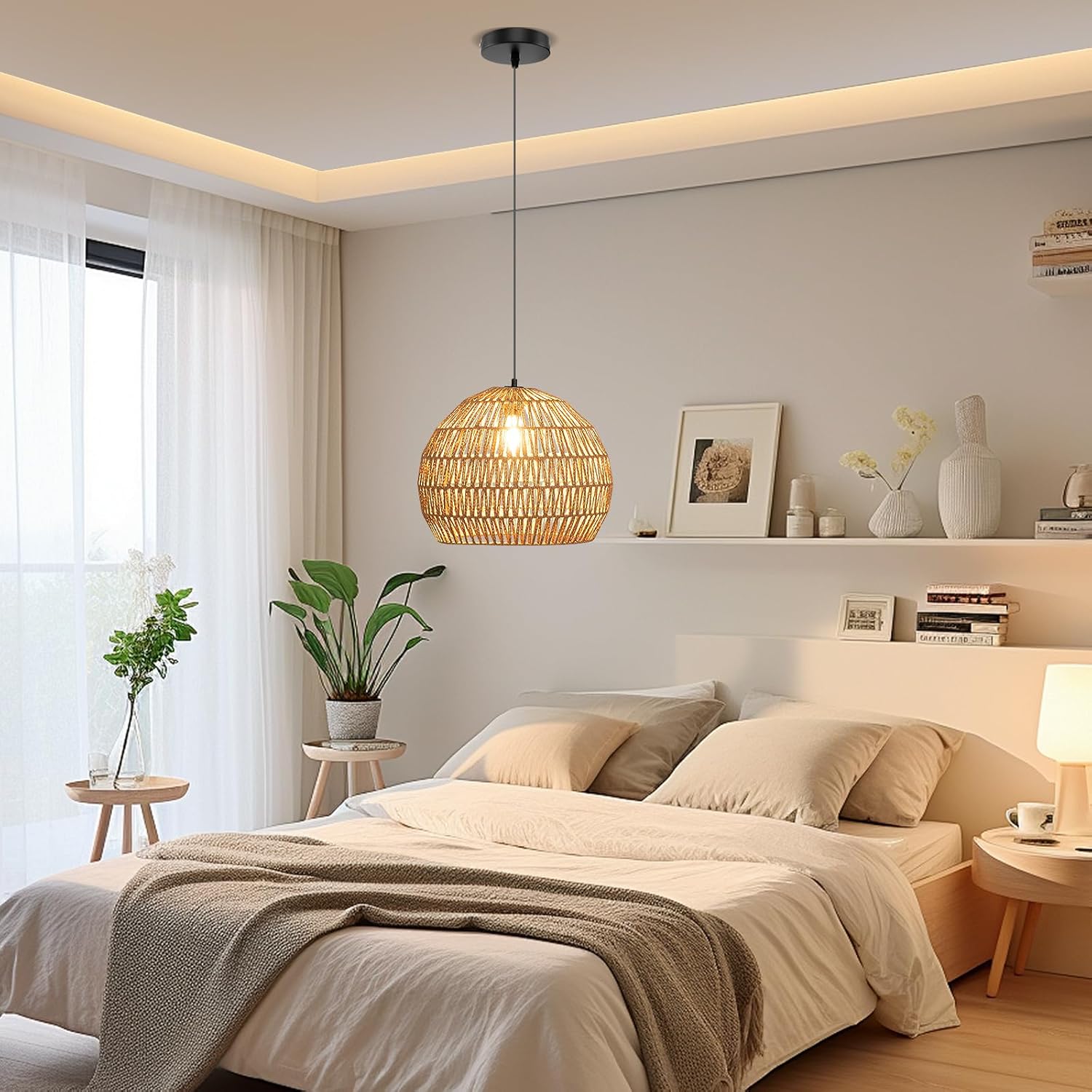 Lampa Wisząca Kulista 34 × 43 cm, Żyrandol do Salonu z Abażurem z Papieru Olejowanego, Regulowana Wysokość 30-150 cm, Łatwa w Montażu (Kawiarnia)