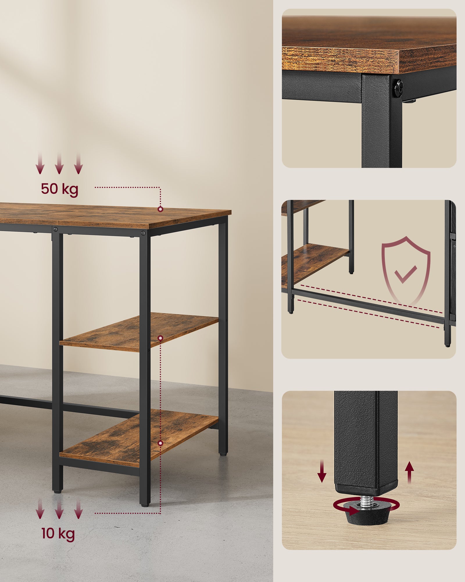 Bureau d’Ordinateur, Table avec Rangement, 3 Étagères, 2 Tiroirs, 60 x 140 x 76 cm, pour Bureau, Salon, Style Industriel, Marron Rustique et Noir - 6