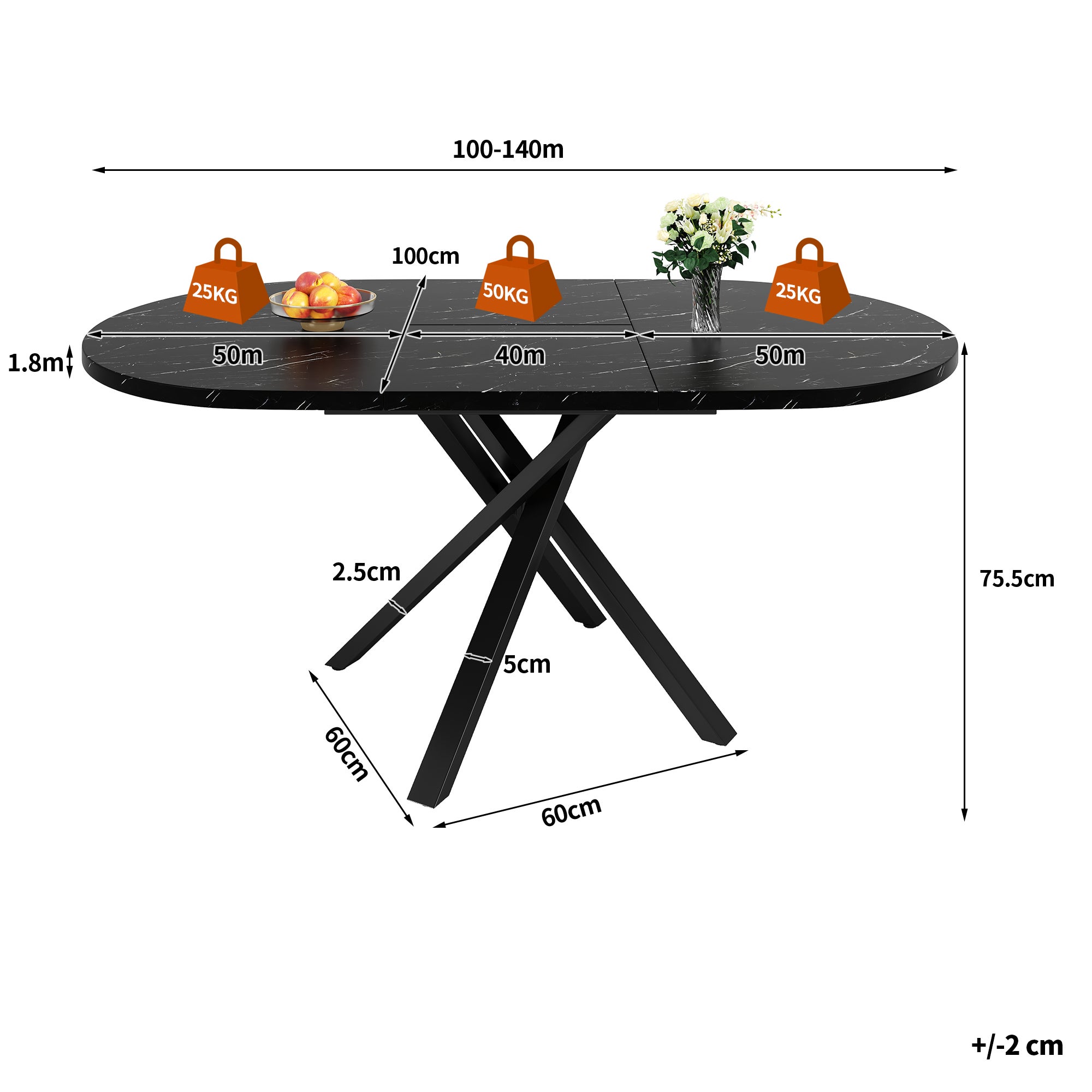 Rozkładany okrągły stół z efektem marmuru, dla 4-6 osób - 100/140 x 75,5 cm - MDF i nogi metalowe - Czarny - 4