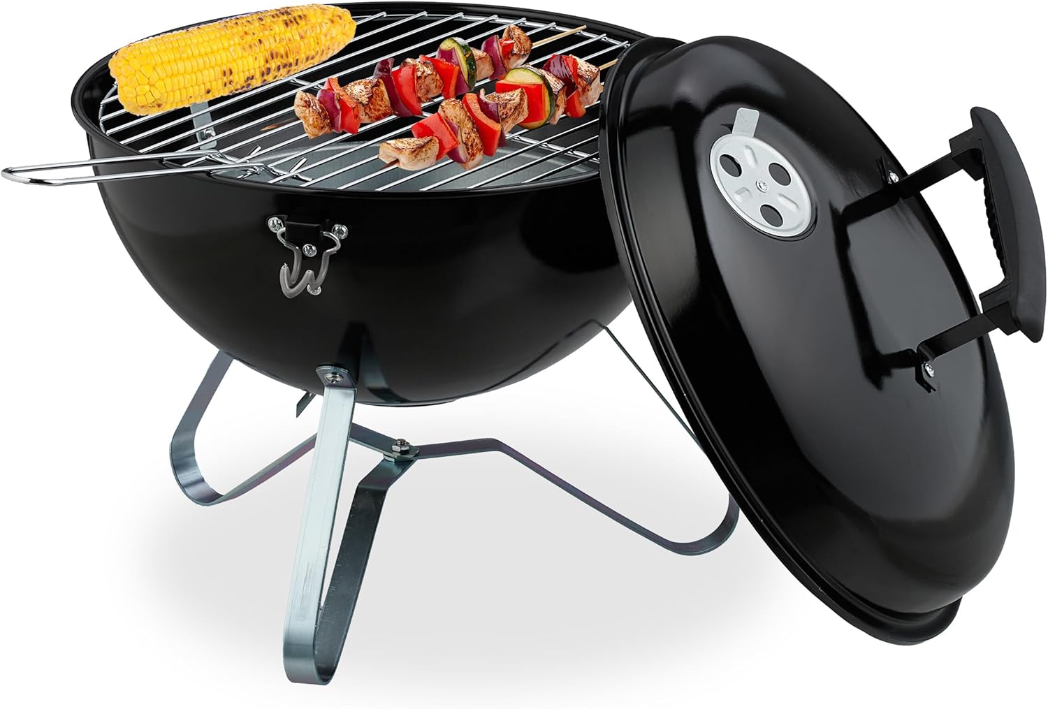 Grill przenośny, okrągły, Ø 37 cm, na stół, do ogrodu, na balkon, z pokrywką, tacka na węgiel drzewny, czarny