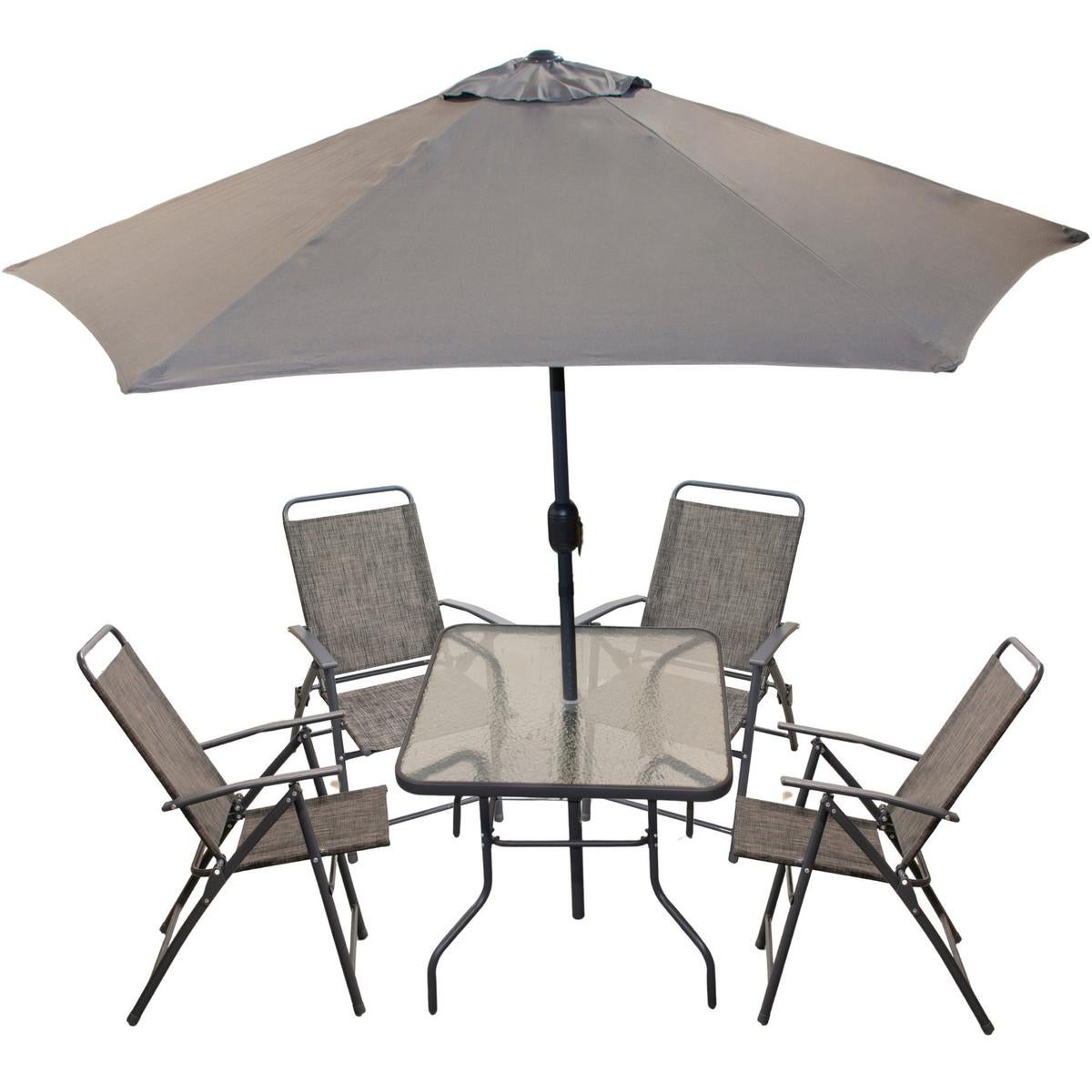 Meble grodowe Saska Garden Sydney stół, 4 krzesła, parasol szary