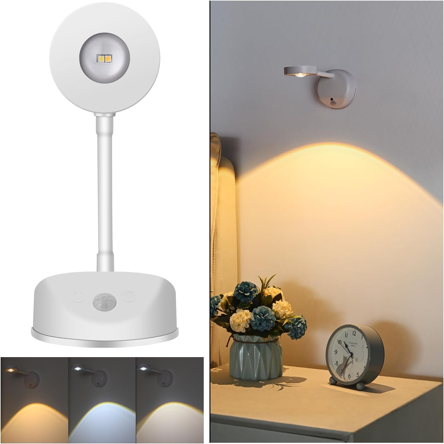 Wewnętrzna lampa ścienna LED, ładowalna, ściemnialna, obracana o 360°, odpowiednia do ścian, klatek schodowych, korytarzy, sypialni, biała