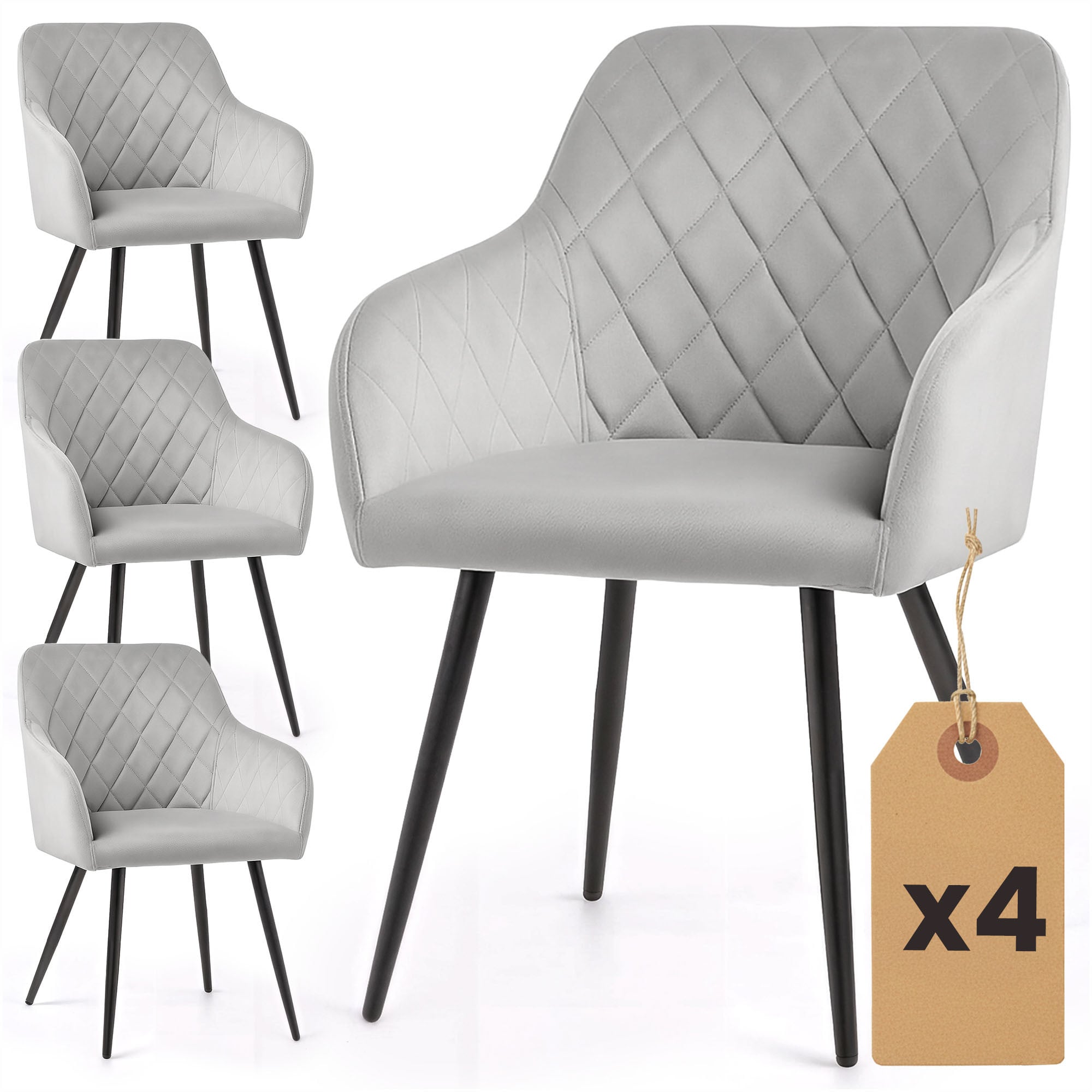 4x Welurowe krzesło tapicerowane pikowane w romby Szare VELTO Czarne nogi