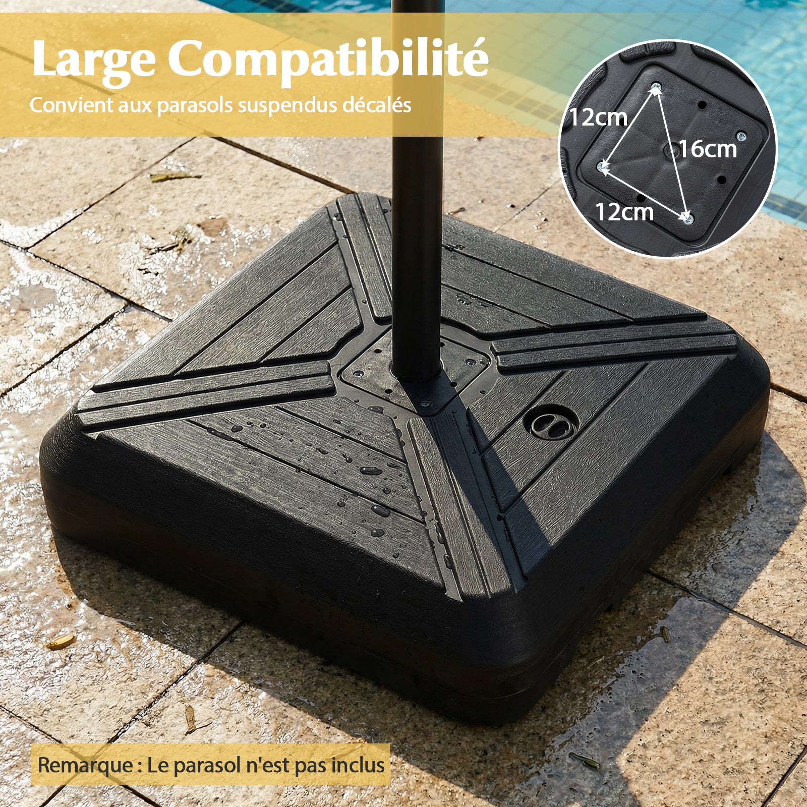 Base de Parasol Déportée Cantilever avec Roulettes, Support Poids pour Parasol avec Barre Transversale en Métal, HDPE, Noir - 6