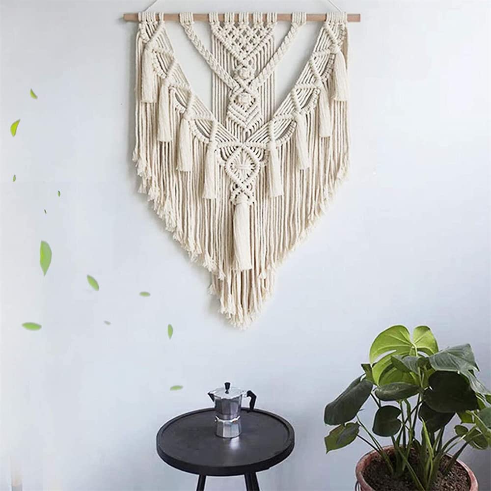 Tapisserie murale en macramé tissé, motif géométrique, faite main, décoration bohème avec pompons, ornement pour chambre, salon, appartement (beige) - 6