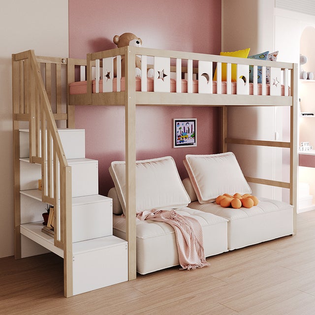 Lit mezzanine enfant en bois massif 90x200 avec échelle rangement barrières de sécurité et décoration étoiles lune