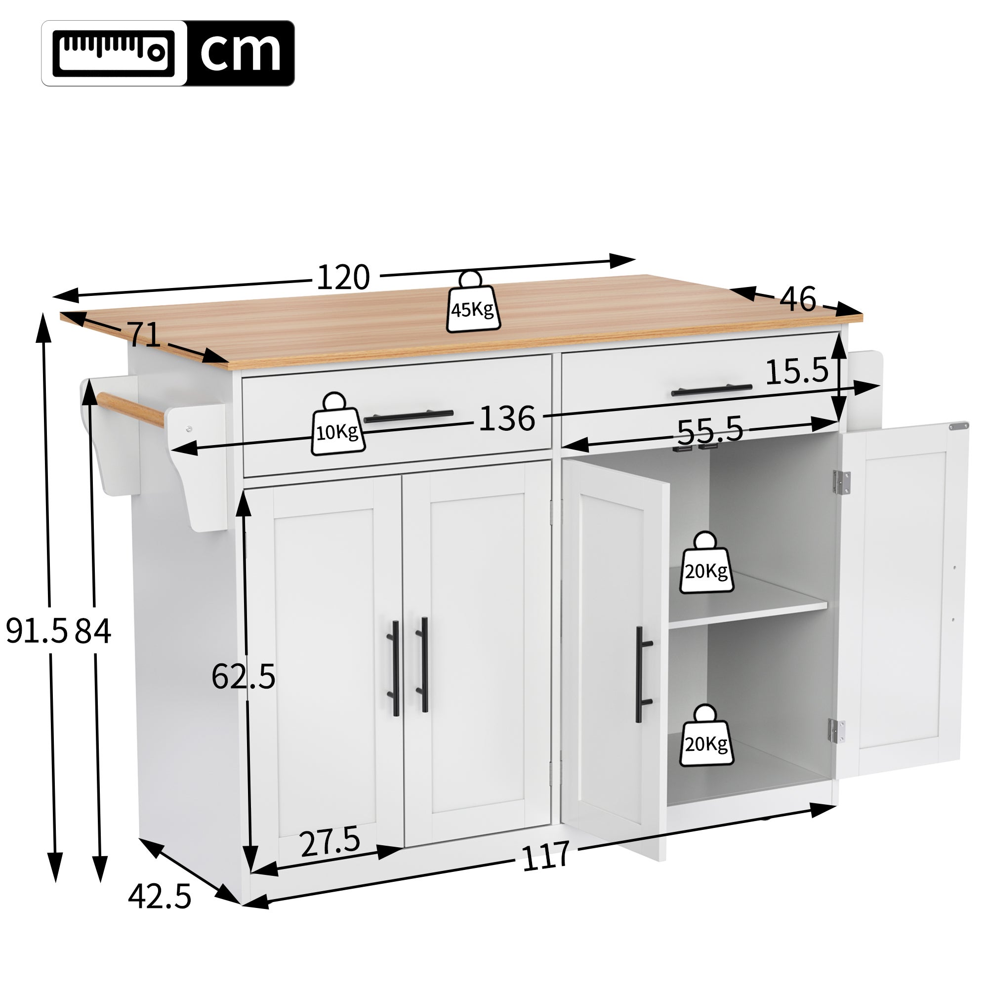 Ilot central de cuisine - 2 tiroirs et 4 compartiments - pieds en roulettes ou en bois - Blanc - 5