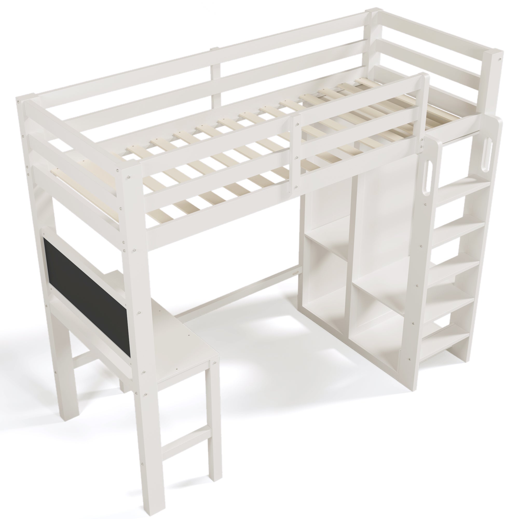 Lit mezzanine 90x200 cm en bois de pin - avec bureau, armoire et étagères - Blanc - 7