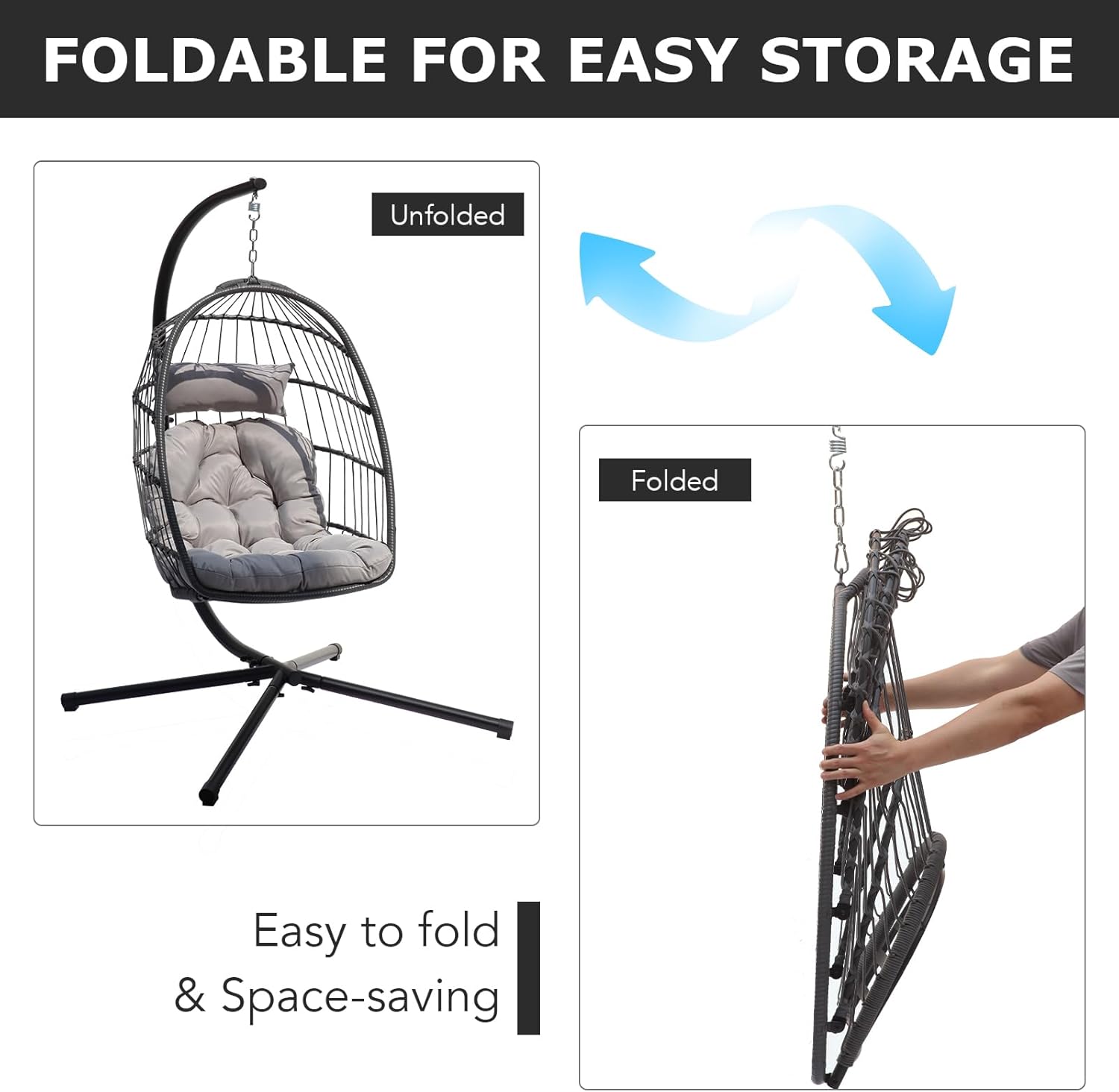 Fauteuil œuf suspendu pliable en rotin avec coussin et support - 6