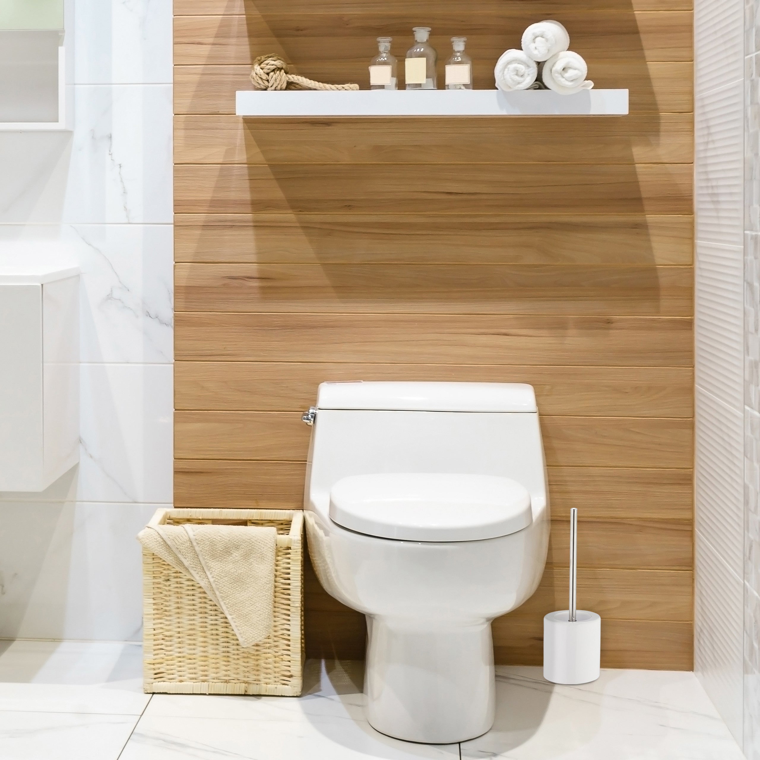 Escobilla WC Con Portacepillo Cerámica - Blanco, Cepillo Intercambiable, 38.5x12.5 Cm, No Necesita Taladrar