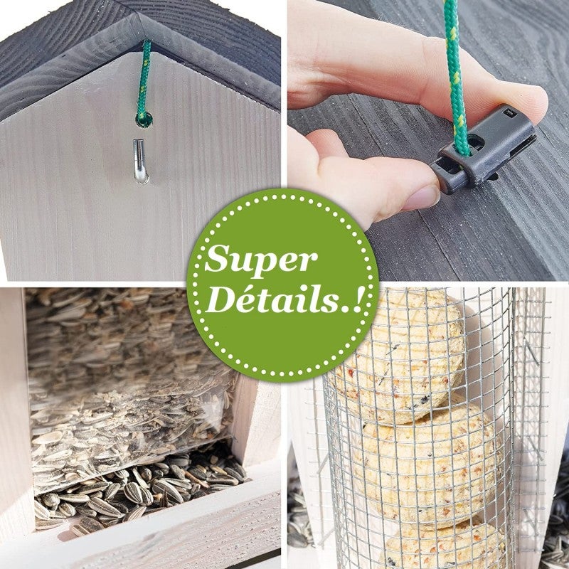 Mangeoire oiseaux extérieur à suspendre pour oiseaux sauvages pour jardin balcon Distributeur de graines «324 Cabane Gris Blanc» - 4