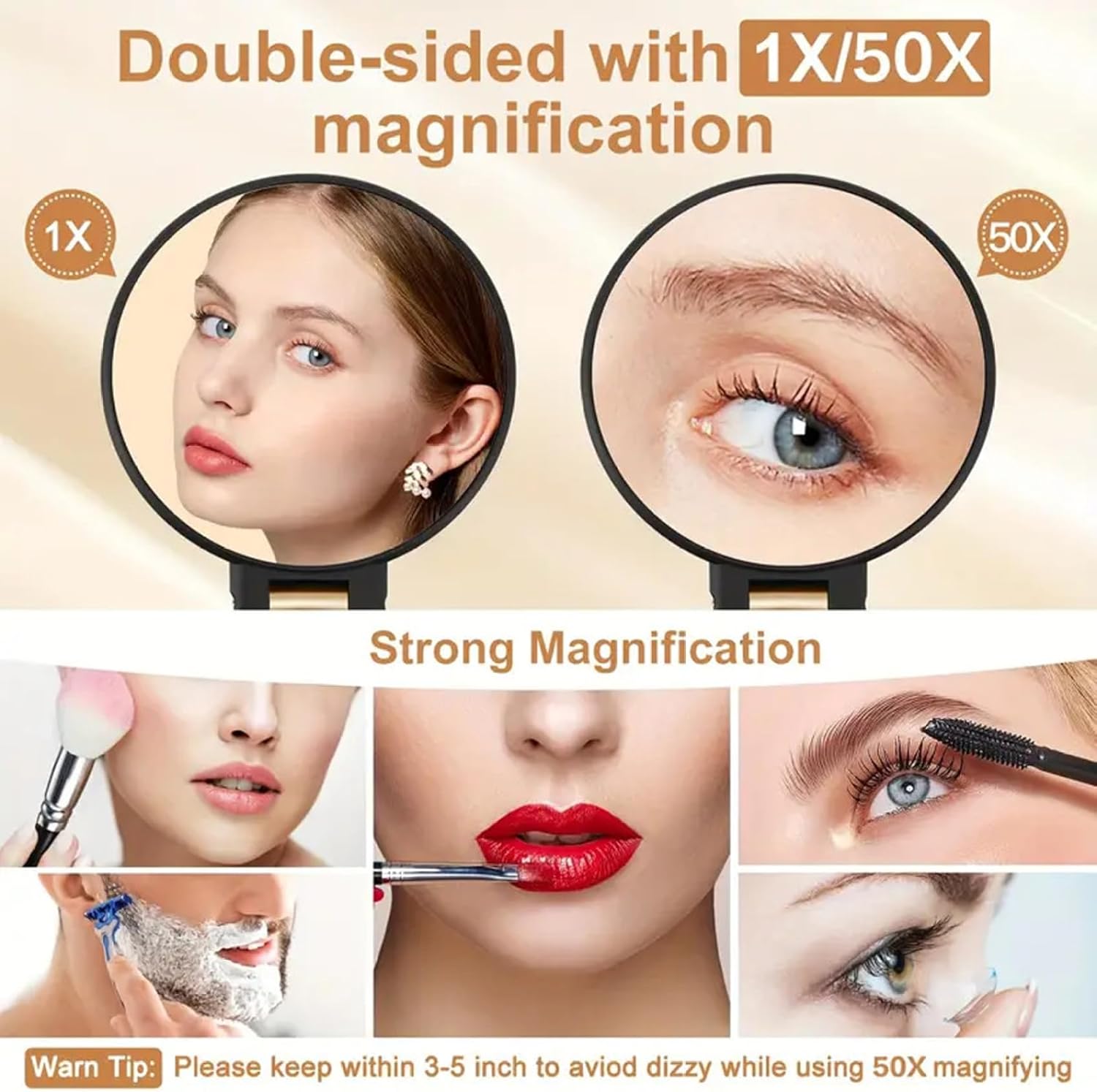 Miroir grossissant x50, miroir de maquillage double face avec poignée réglable à 360°, support mural/conception de table pour maquillage - 4