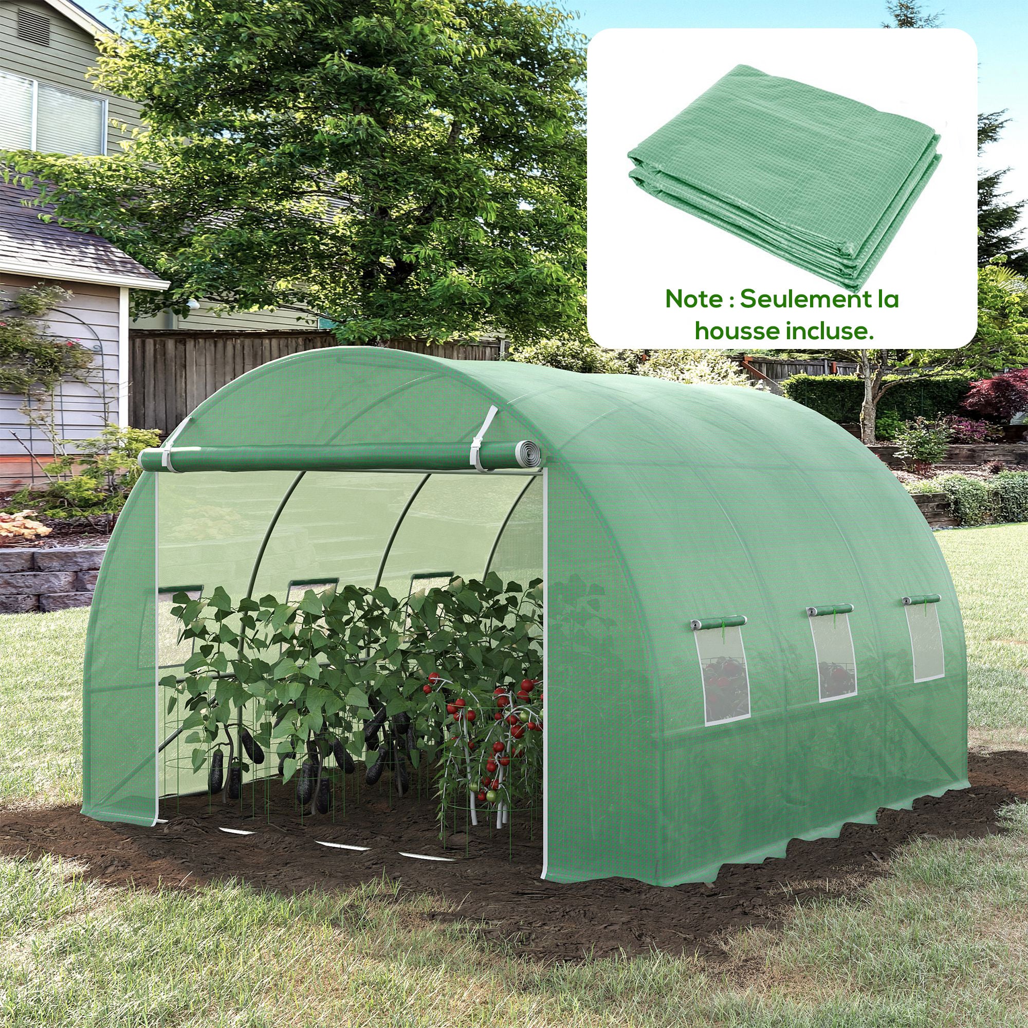 Bâche de Rechange Serre Tunnel 9 m², bâche 3 x 3 x 2 m PE Anti-UV imperméable 6 fenêtres + Porte Enroulable zippée foncé Vert - 4