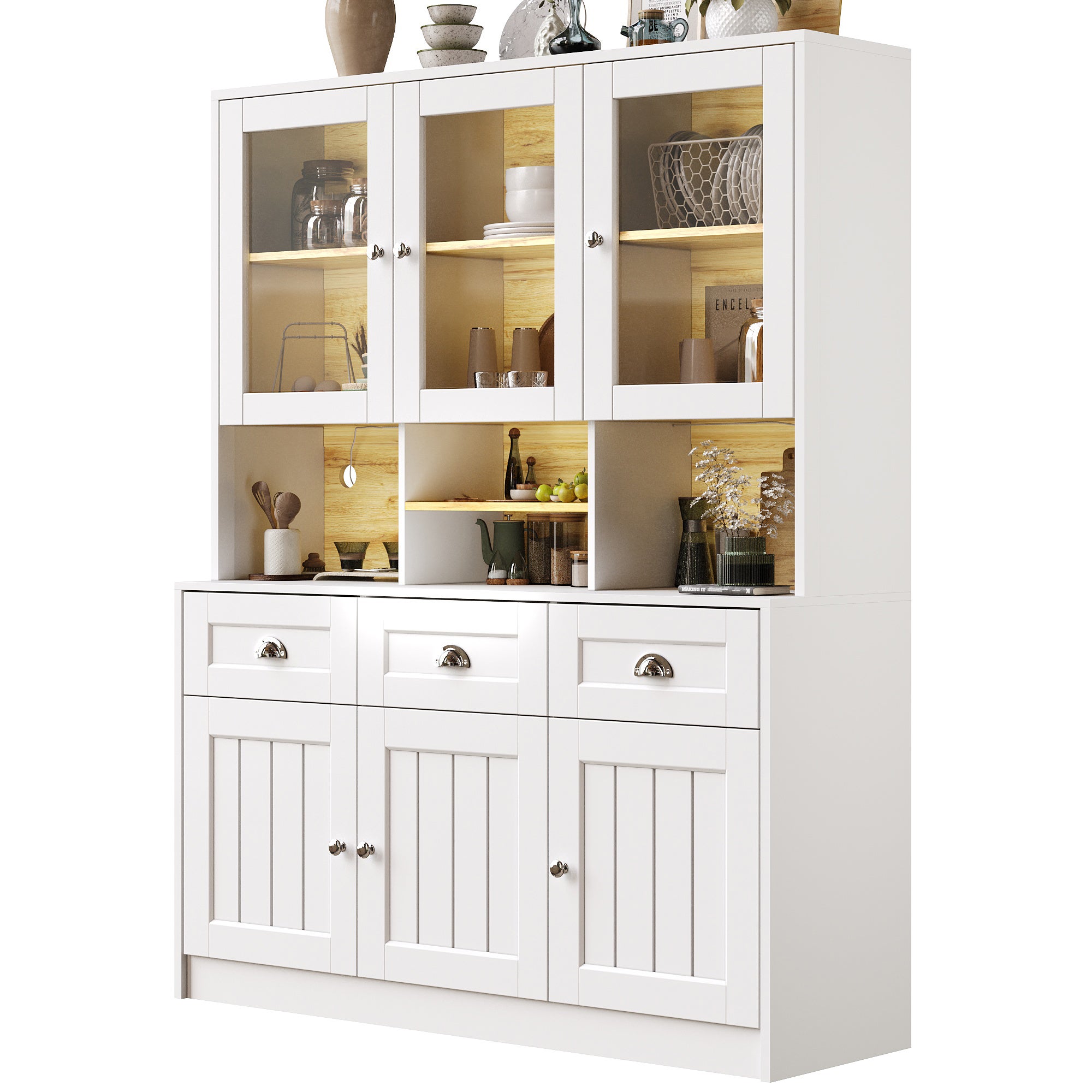 Credenza da cucina con 6 ante e 3 cassetti, vetrina - 140 x 40 x 175 cm - LED - MDF - Bianco - 6
